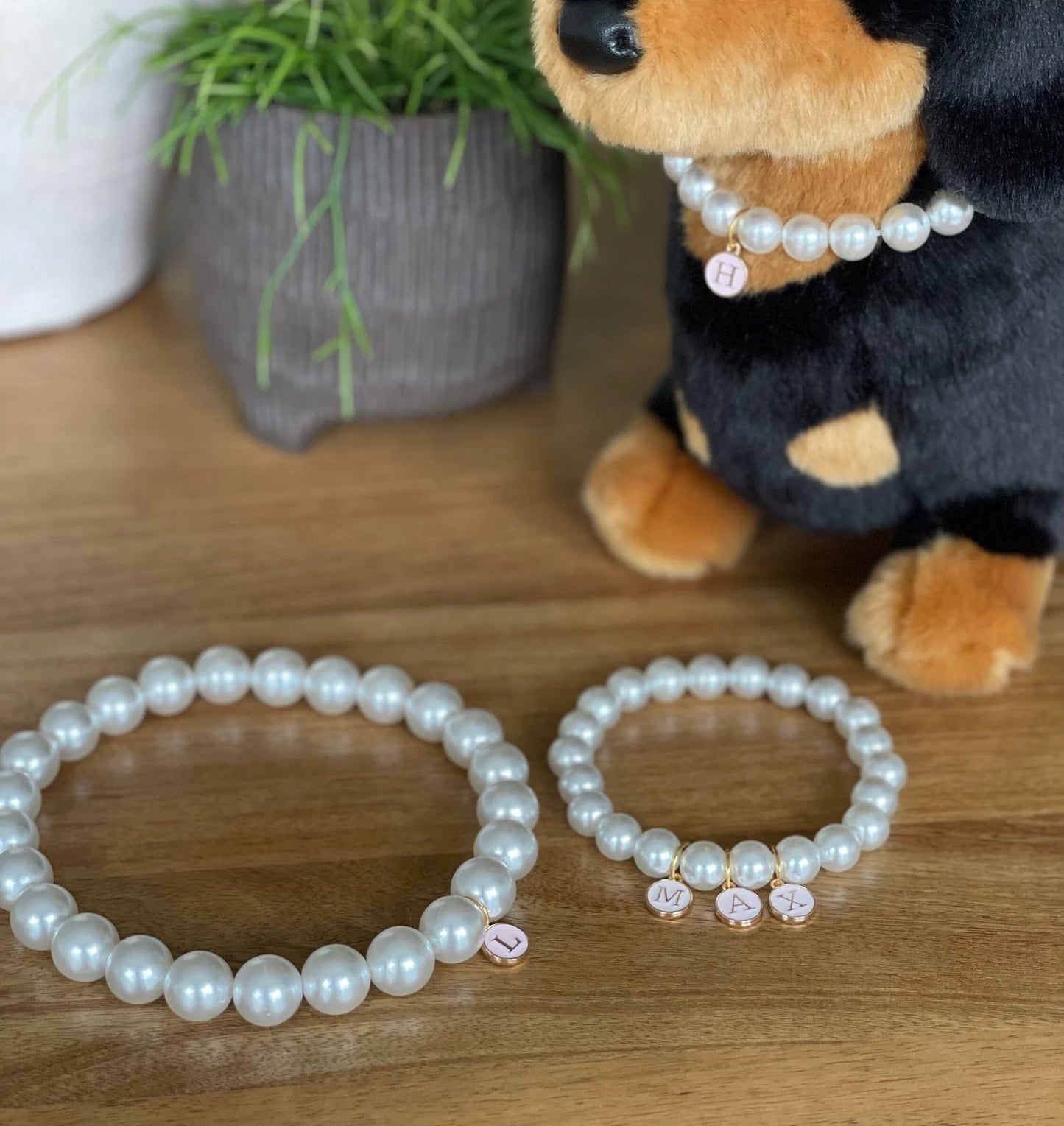 Dog's Cat's Pearl Necklace. Faux Pearl with Initial Charm, Letter Charm, Name Tag