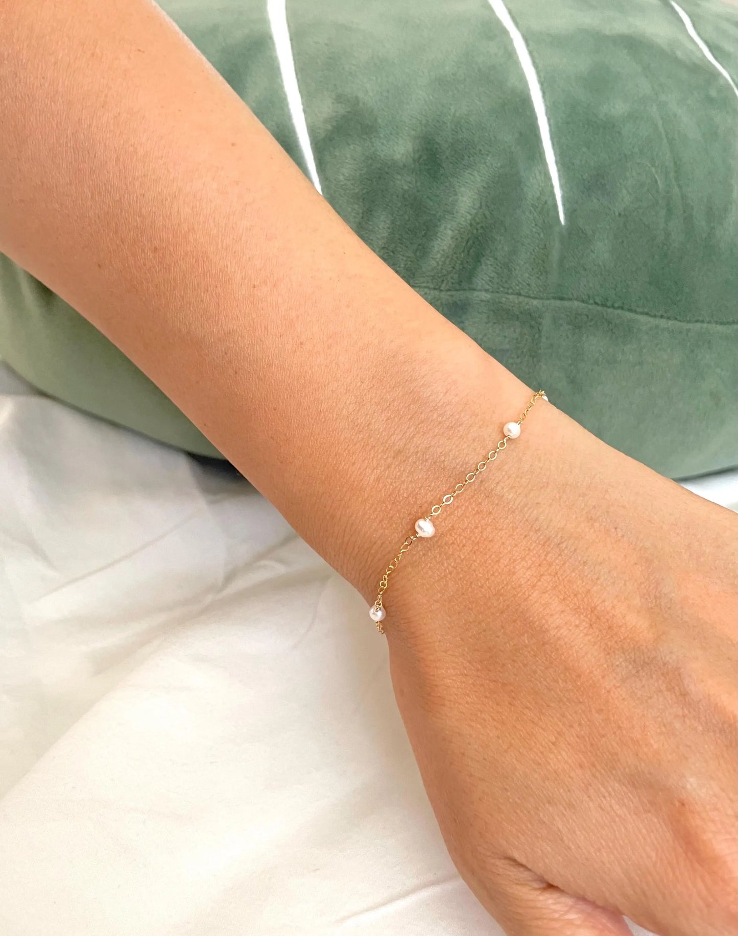 Pearl Satellite Bracelet - 3mm White Freshwater Pearl, 14k Gold Filled Chain