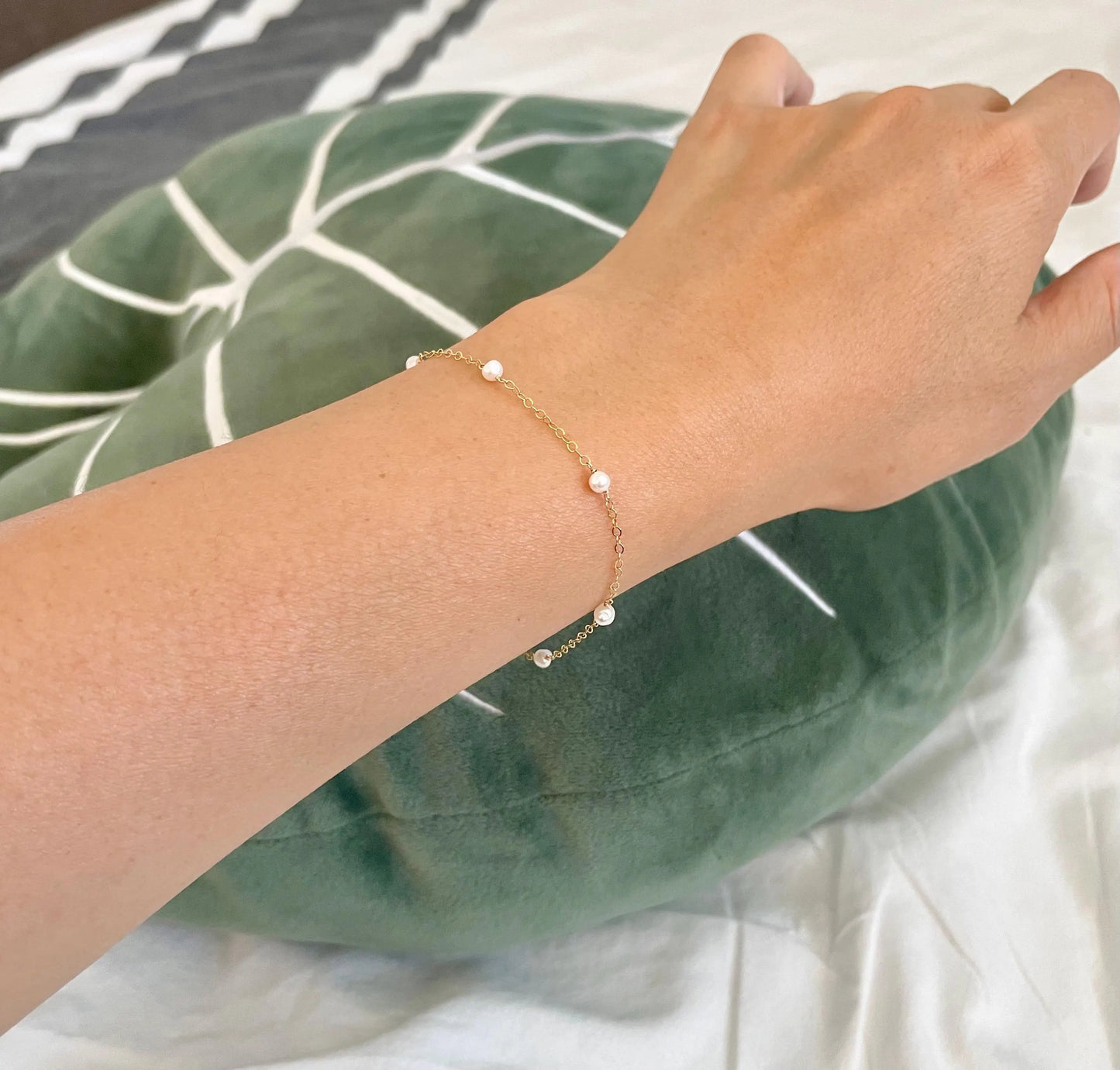 Pearl Satellite Bracelet - 3mm White Freshwater Pearl, 14k Gold Filled Chain