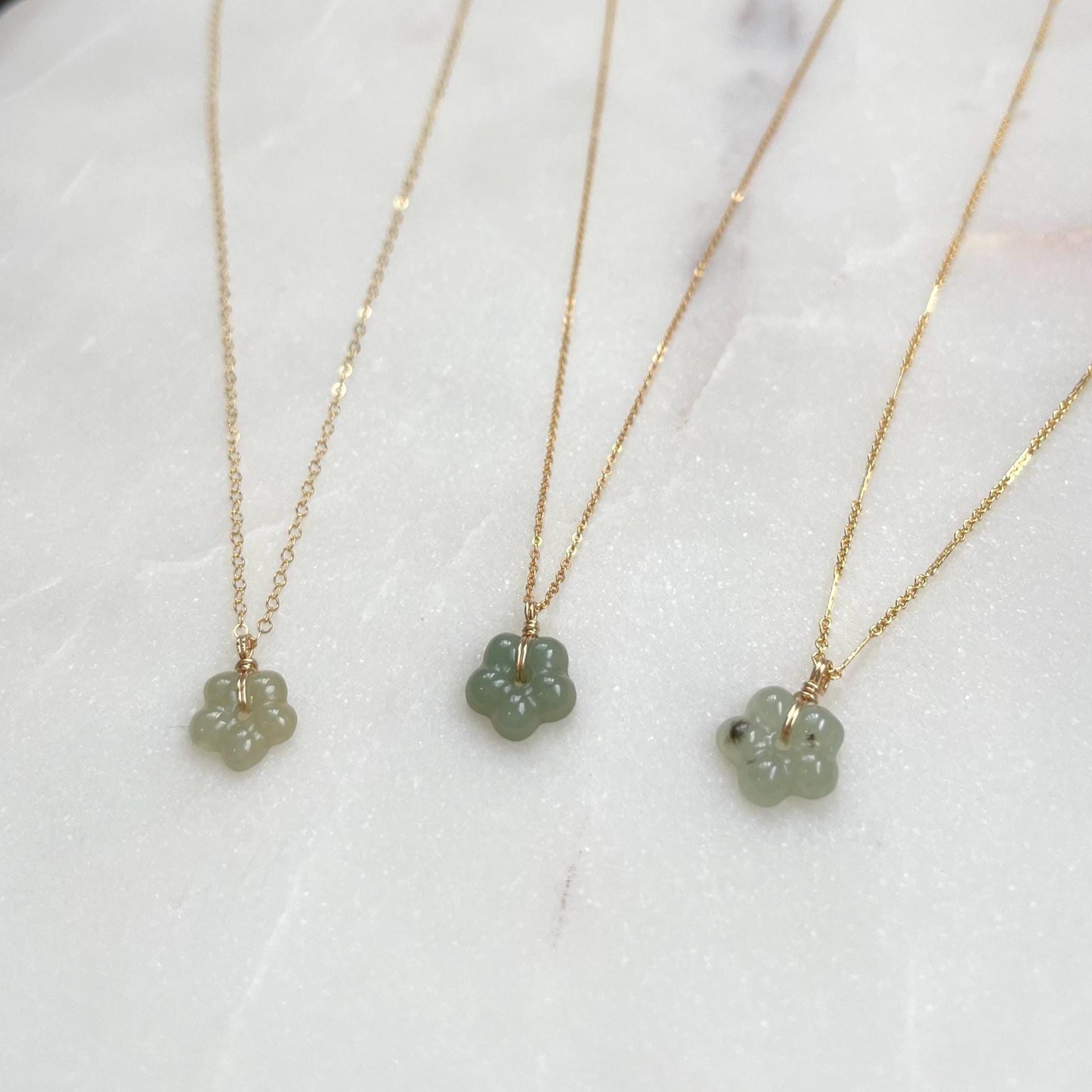 Jade Flower Charm Necklace(Small) - Icy Green Burma Jadeite Flower 10-11mm, 14k Gold Filled chain (Two chain styles: 1.2-1.3mm)
