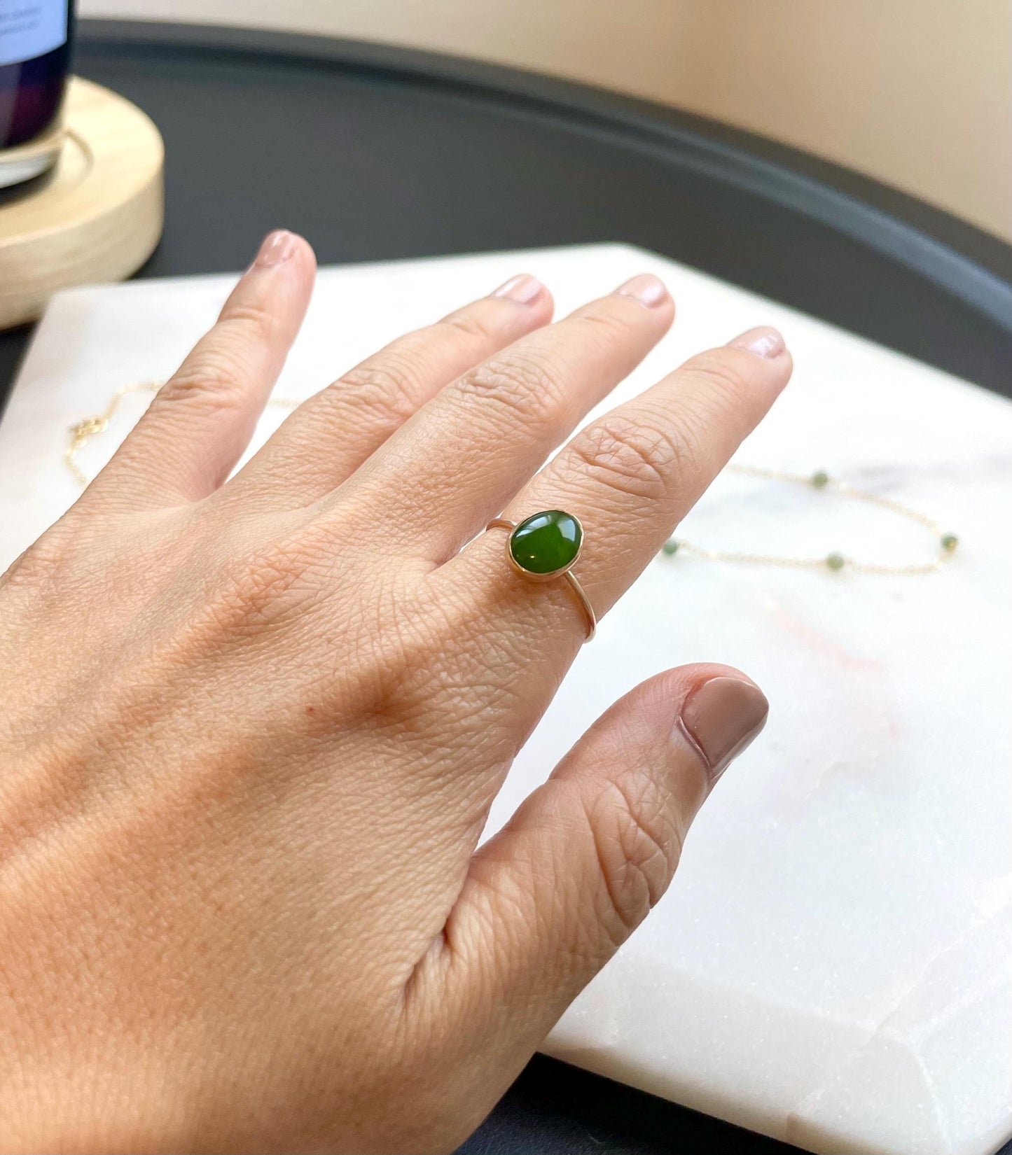 Oval Jade Ring - 14K Gold Filled, 8x10mm Oval Jade Cabochon, 1mm Gold Filled Ring