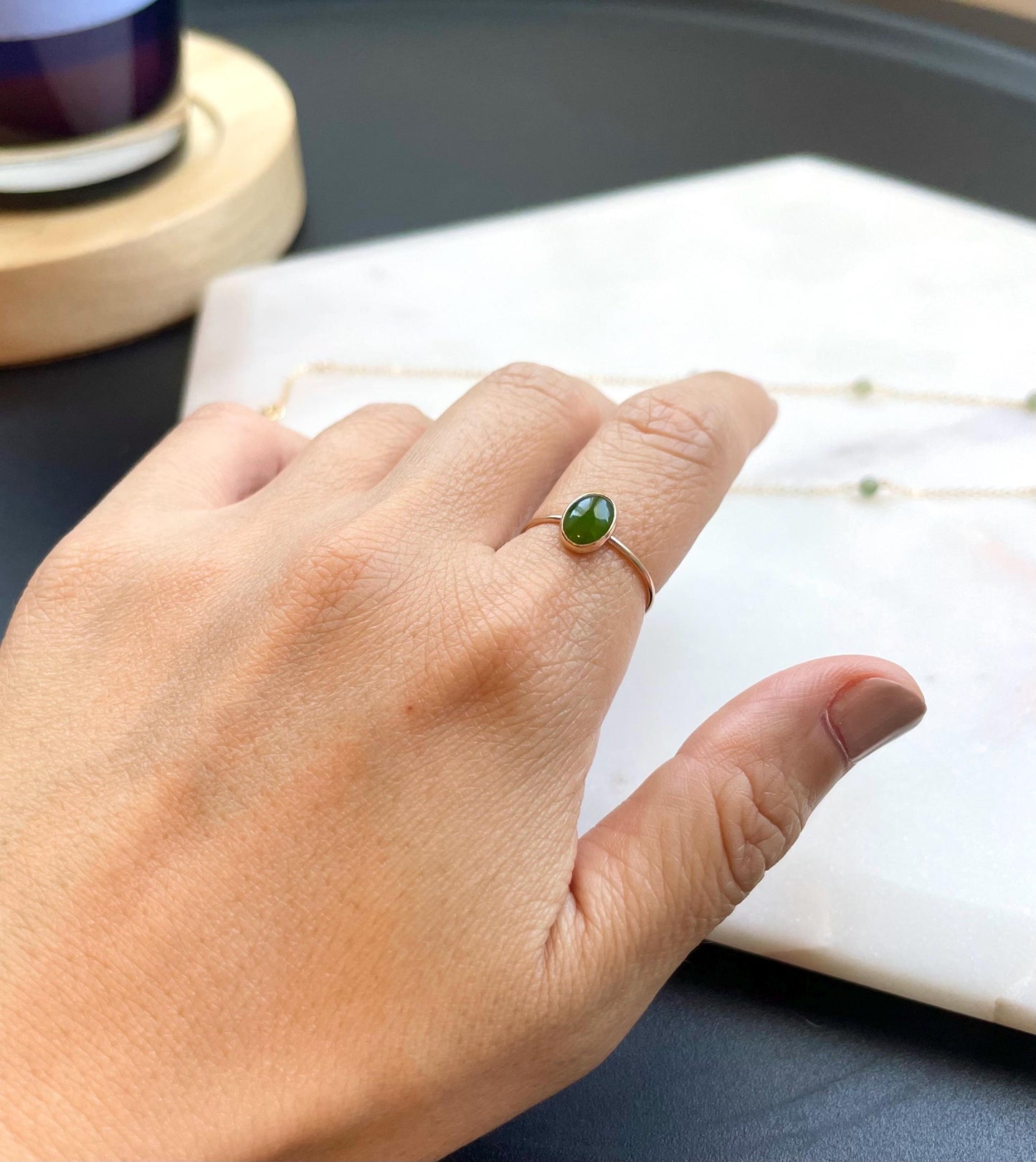 Oval Jade Ring(Small) - 14K Gold Filled, 6x8mm Oval Jade Cabochon, 1mm Gold Filled Ring