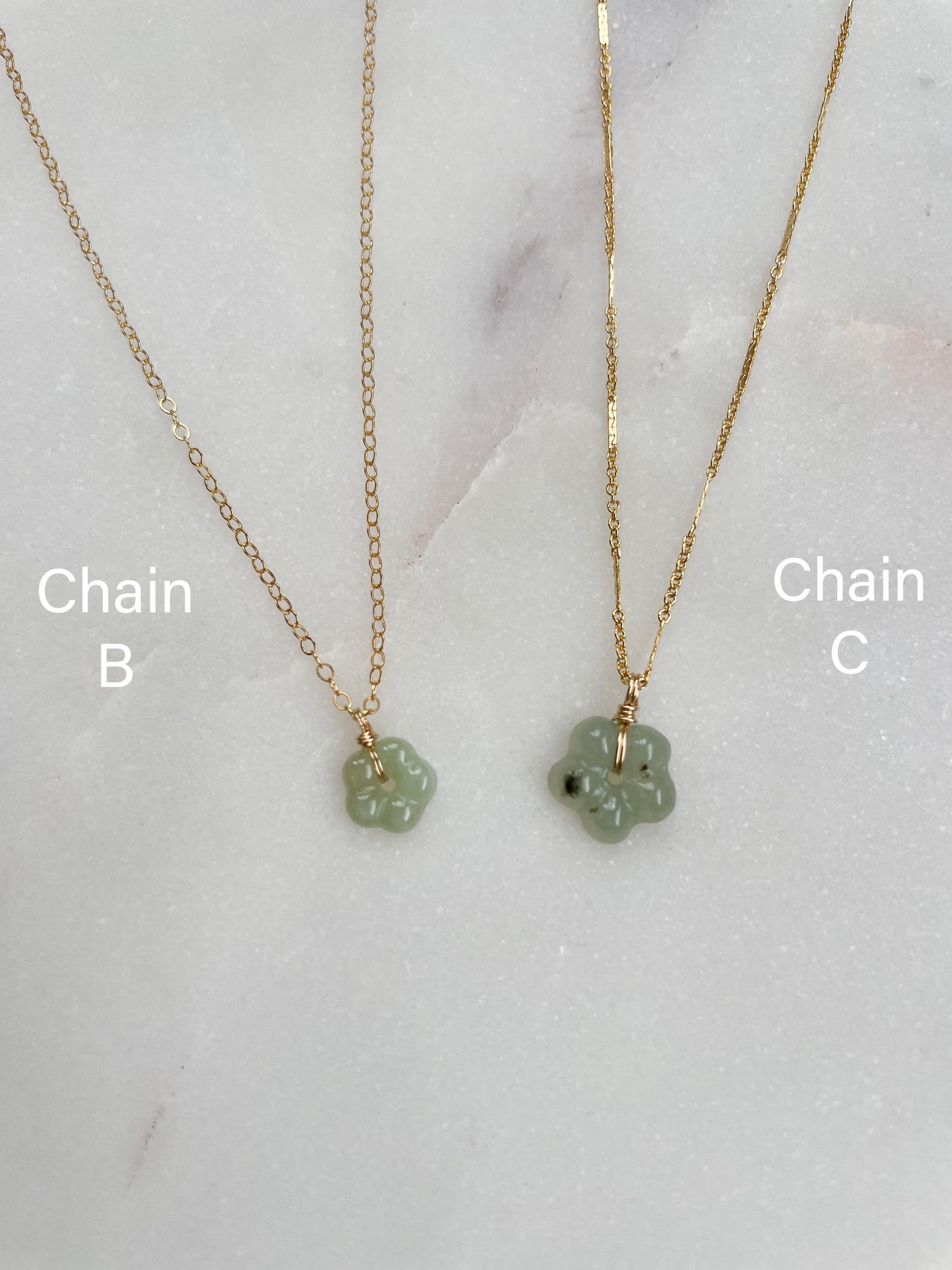Jade Flower Charm Necklace(Small) - Icy Green Burma Jadeite Flower 10-11mm, 14k Gold Filled chain (Two chain styles: 1.2-1.3mm)