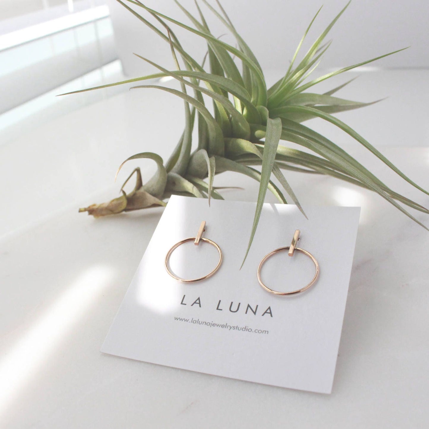 Gold Bar Circle Earrings - 14K Gold Filled, 10mm Bar, 18mm Circle
