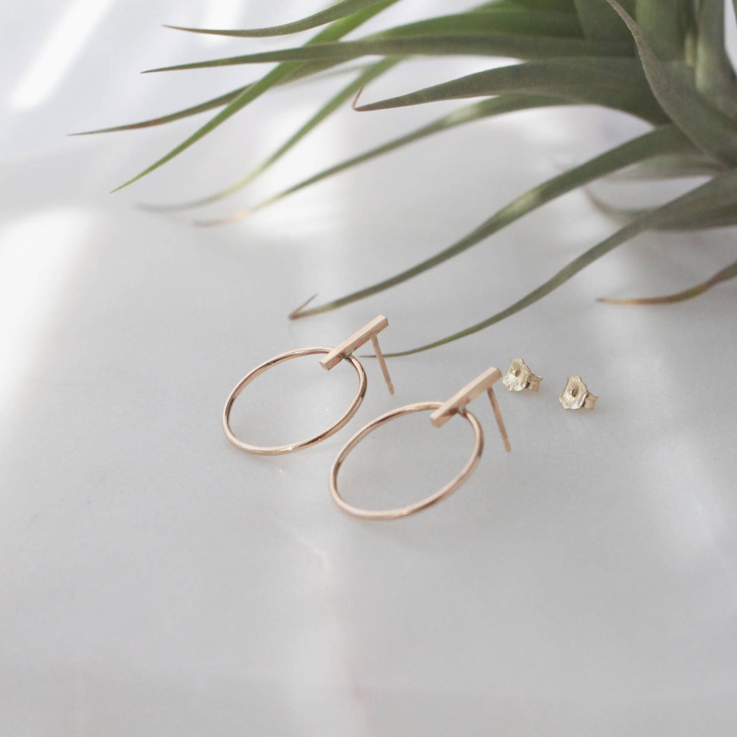 Gold Bar Circle Earrings - 14K Gold Filled, 10mm Bar, 18mm Circle