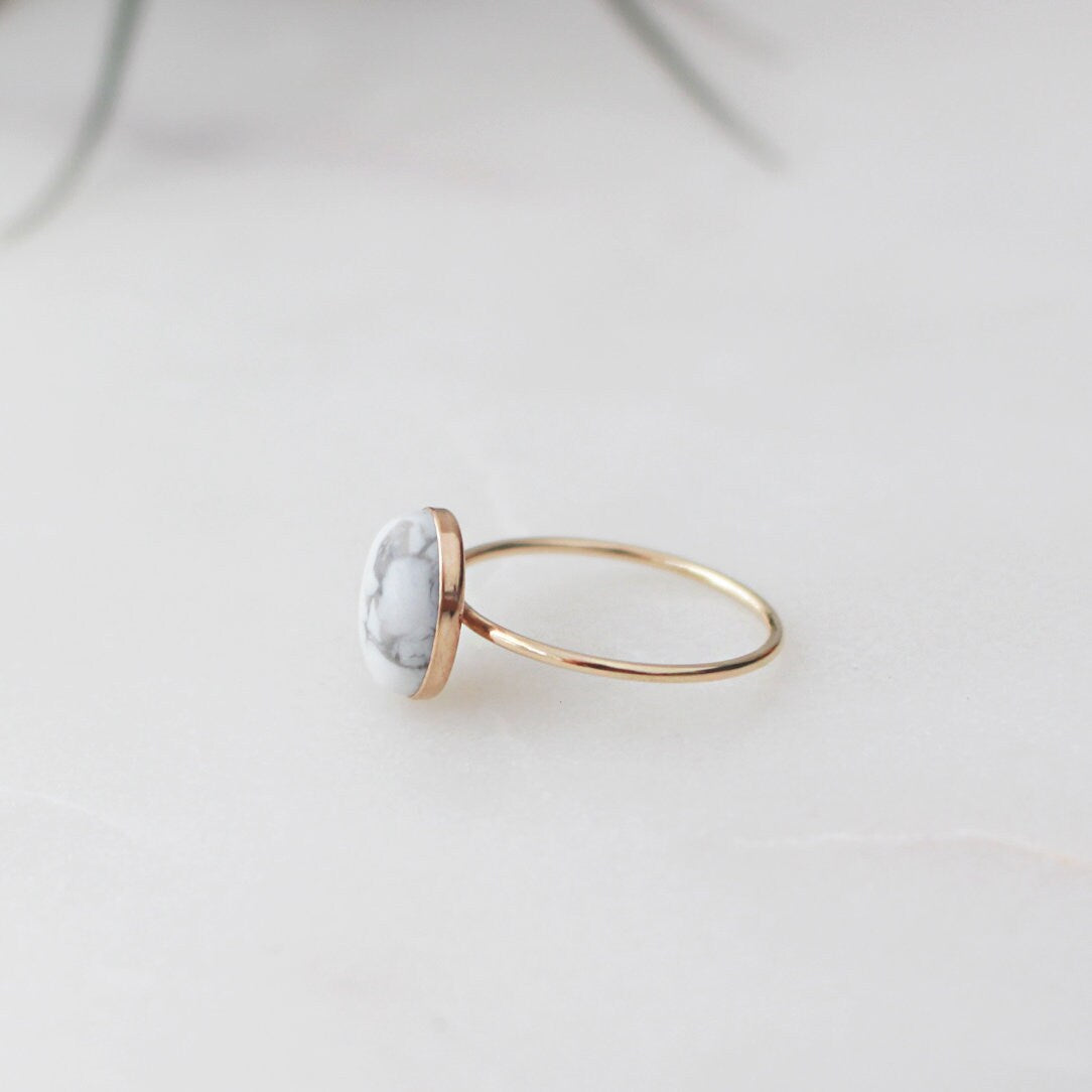 Oval Marble Ring - 14K Gold Filled, 8x10mm Oval Howlite Stone, 1mm Gold Filled Ring