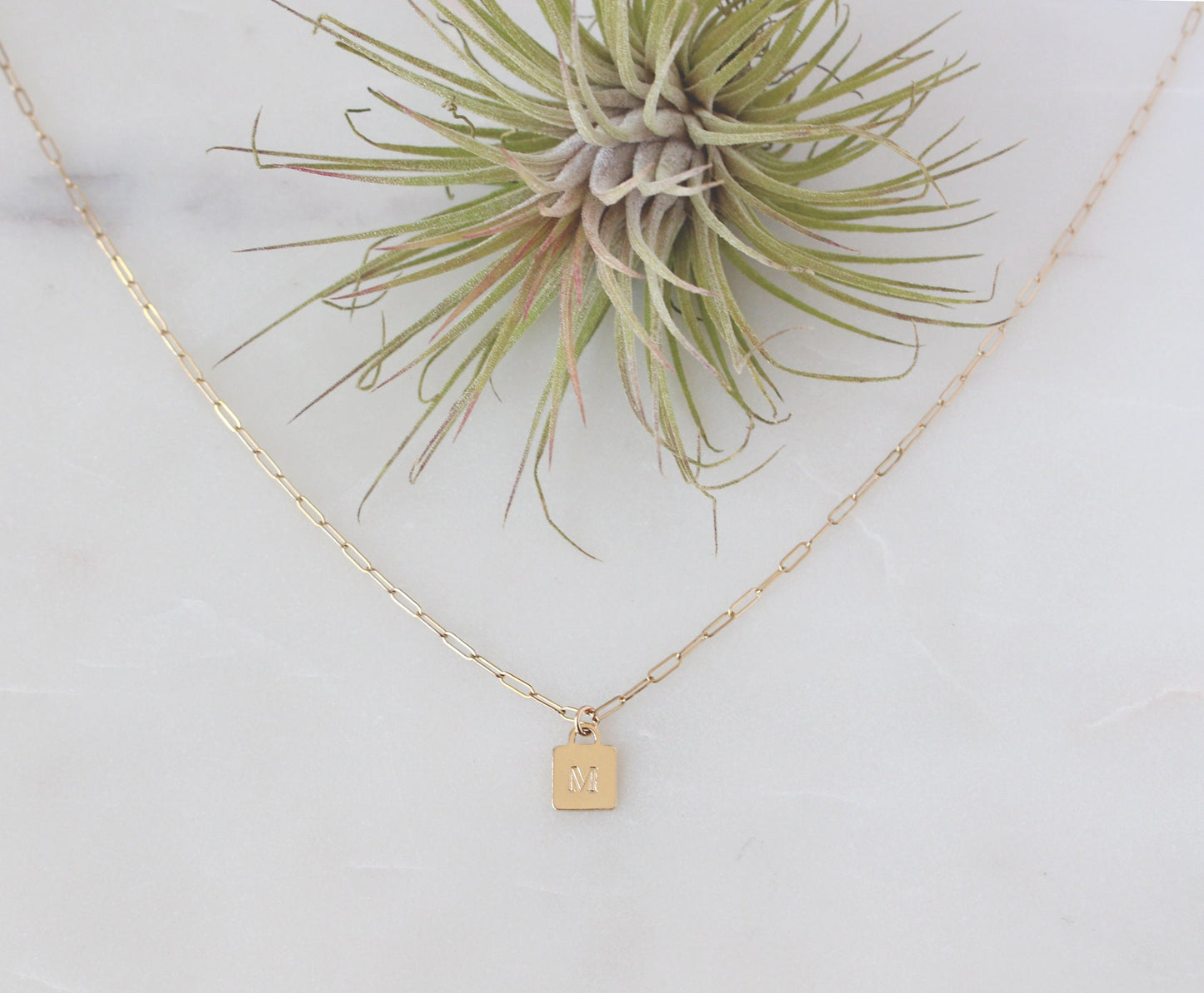 Initial Square Charm Rectangle Chain Necklace - 14k Gold Filled, 7.9x11.1mm Charm, Personalized, Custom