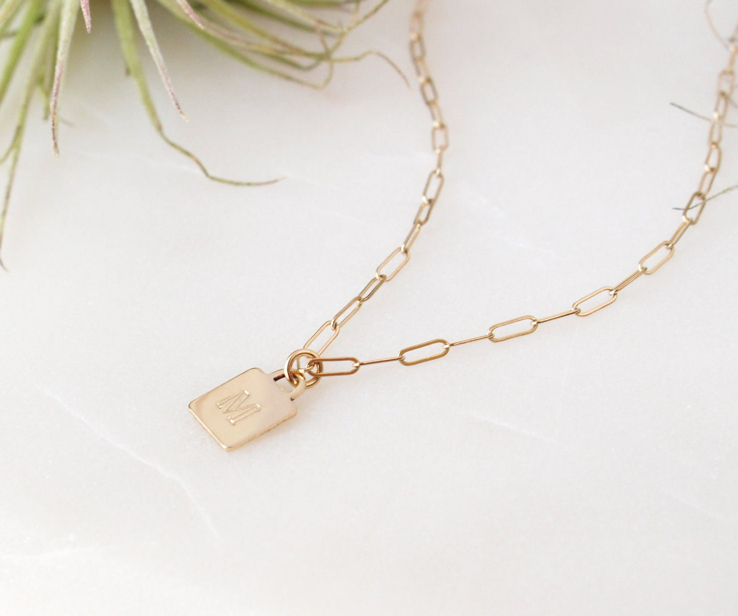 Initial Square Charm Rectangle Chain Necklace - 14k Gold Filled, 7.9x11.1mm Charm, Personalized, Custom