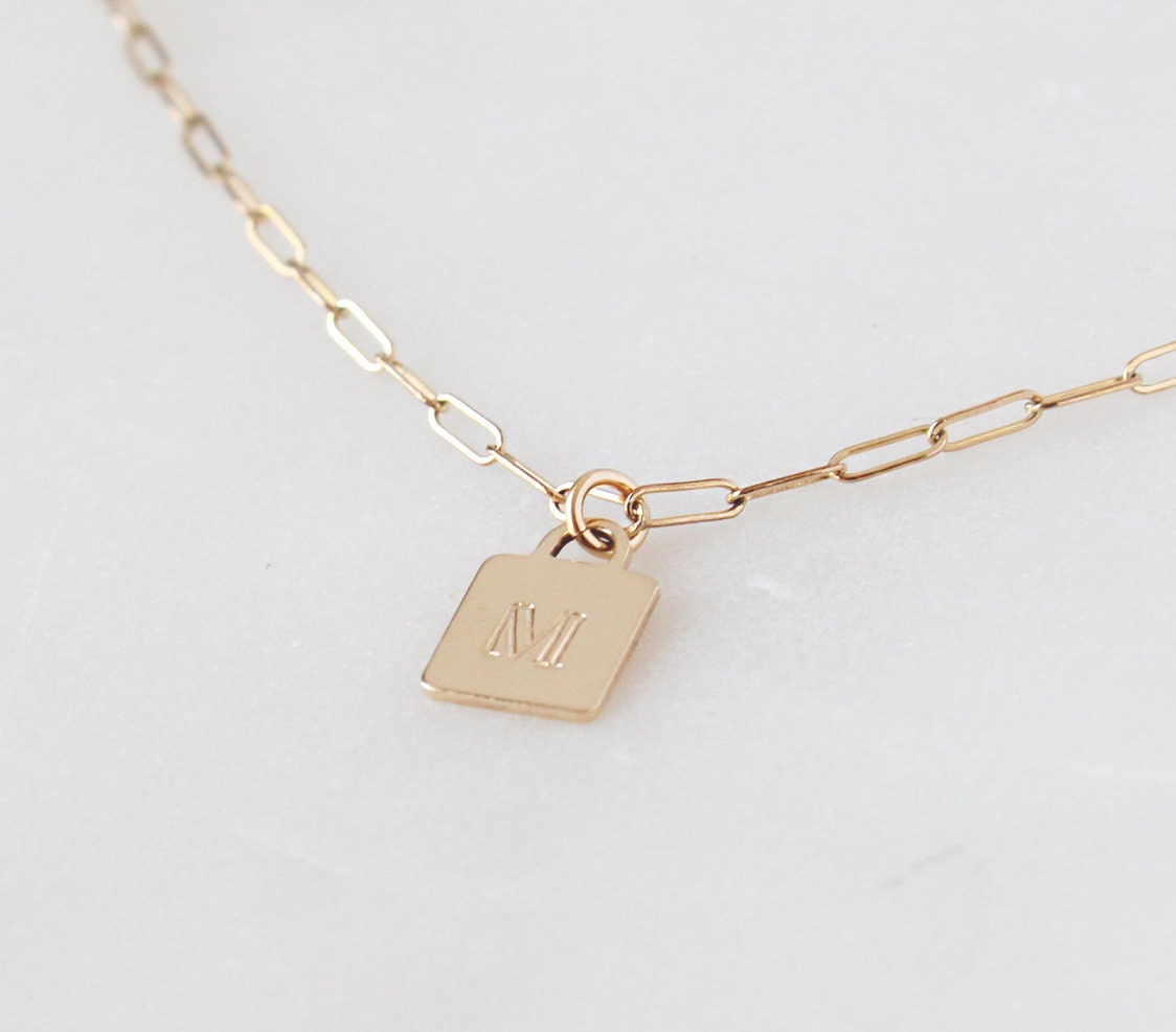 Initial Square Charm Rectangle Chain Necklace - 14k Gold Filled, 7.9x11.1mm Charm, Personalized, Custom