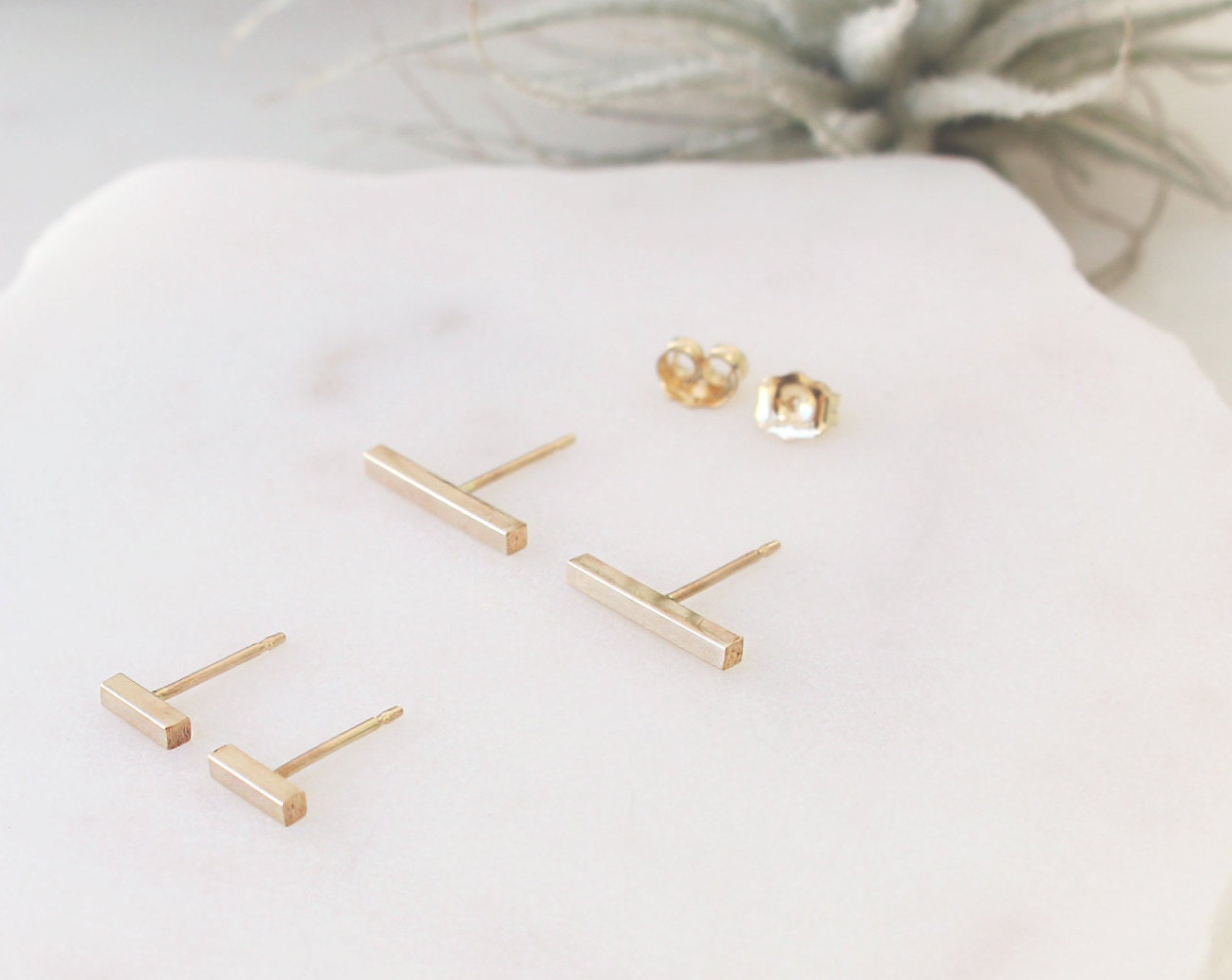 Gold Bar Stud Earring, 14K Gold Filled, Long Squre Bar, 11x2mm