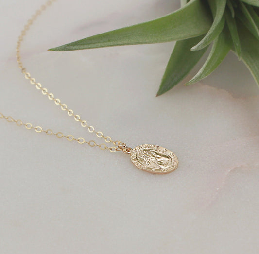 Gold Filled Medallion Necklace, St Christopher Charm, Oval(small) - 14k Gold Filled Charm and Chain, Charm Size 9x12mm