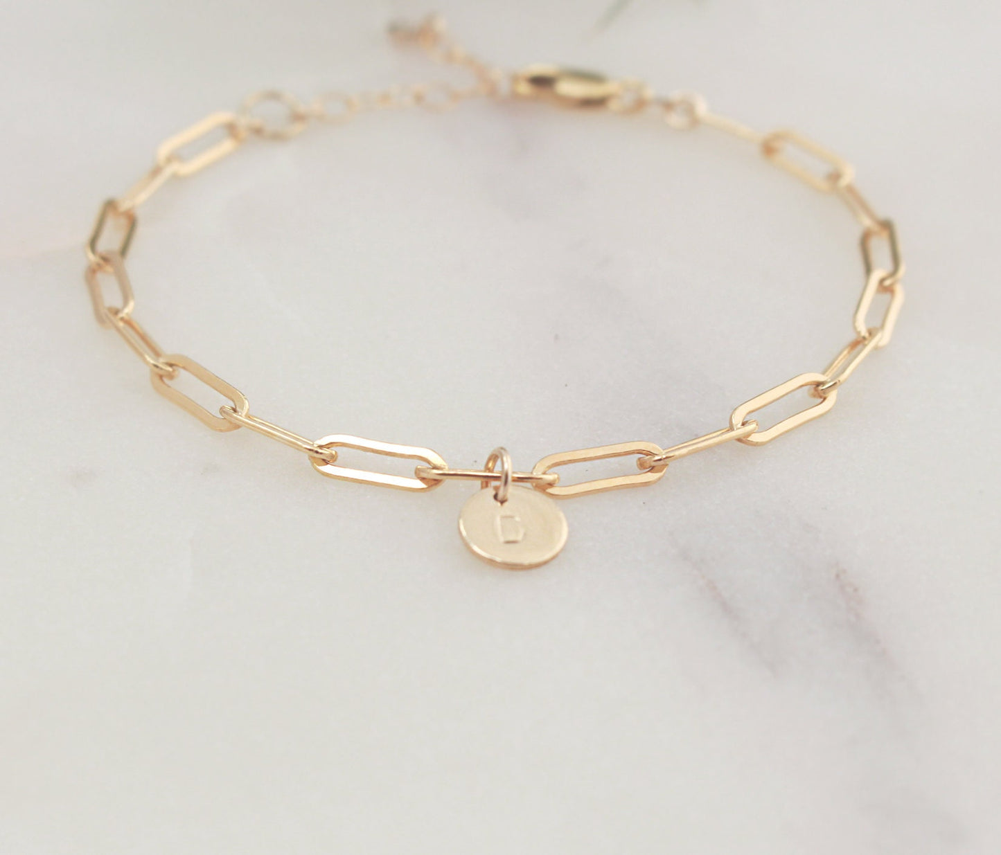 Initial Charm Bracelet - Paperclip Chain (Small) - 14k Gold filled 3.4mm Elongated Chain, 6.4mm Round Initial Charm