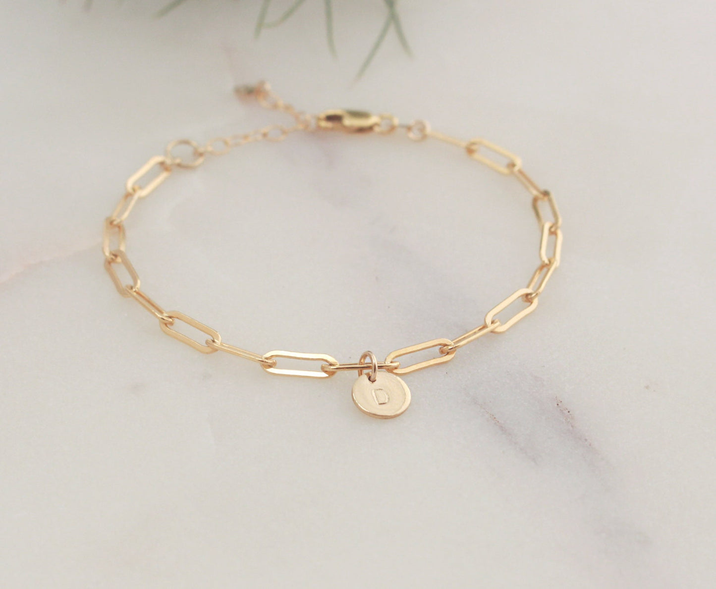 Initial Charm Bracelet - Paperclip Chain (Small) - 14k Gold filled 3.4mm Elongated Chain, 6.4mm Round Initial Charm