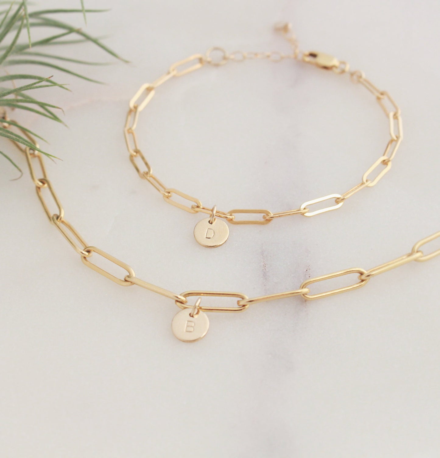 Initial Charm Bracelet - Paperclip Chain (Small) - 14k Gold filled 3.4mm Elongated Chain, 6.4mm Round Initial Charm