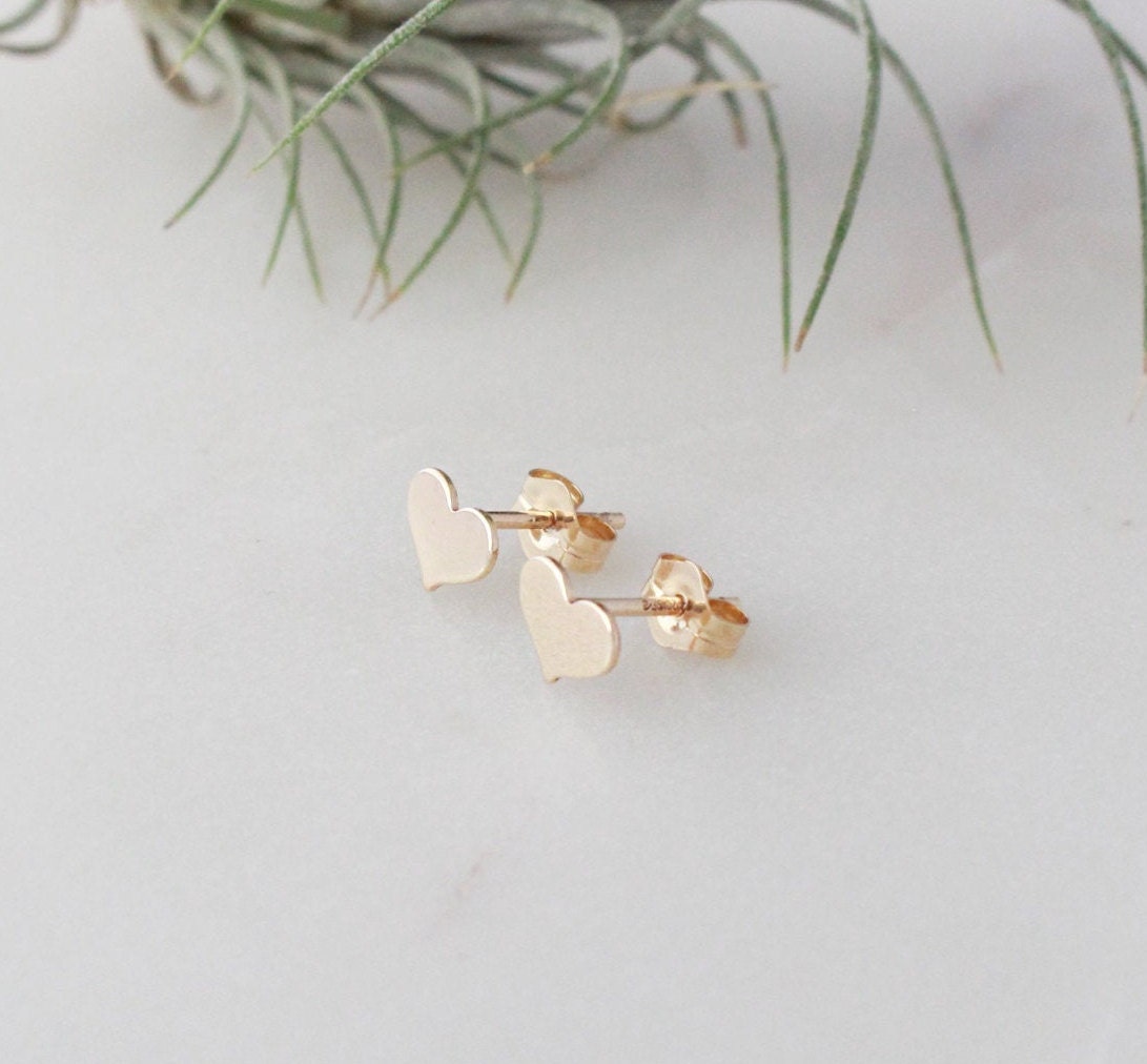 Heart Stud Earrings - 14K Gold Filled, 7x5mm Heart Disc