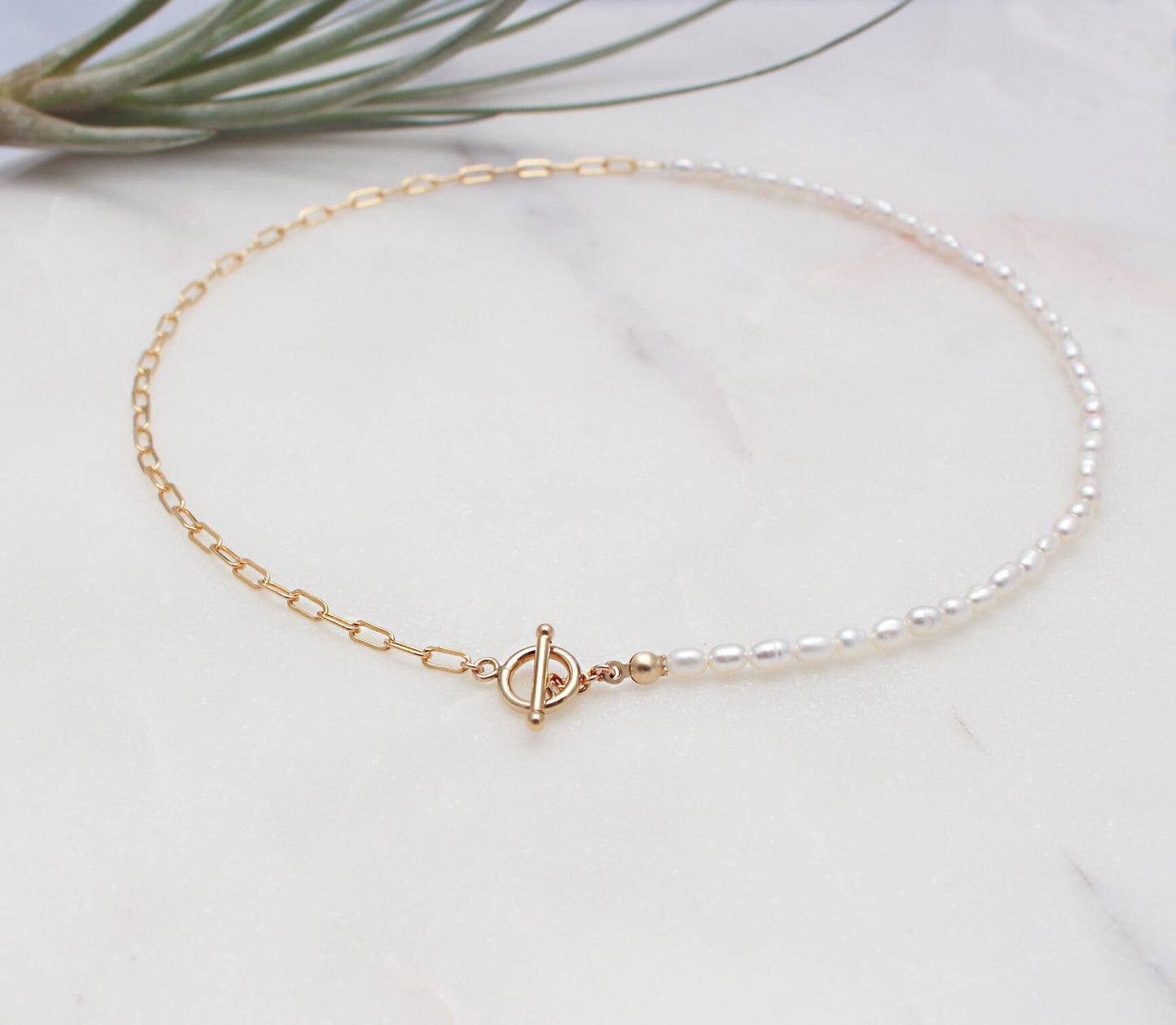 Half & Half Pearl Choker Necklace - 14k Gold Filled 3.1mm Rectangle Chain and Toggle, 3-4mm White Freshwater Pearl