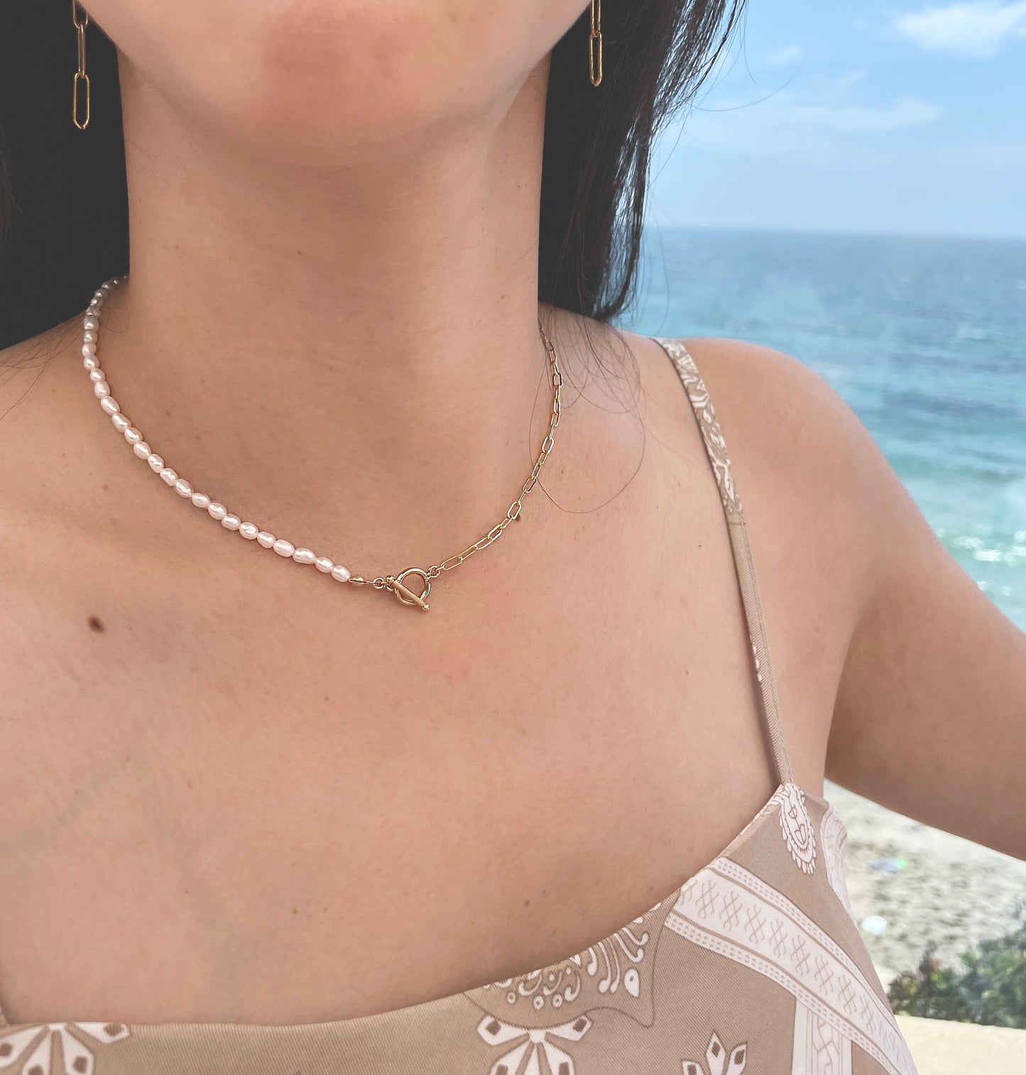 Half & Half Pearl Choker Necklace - 14k Gold Filled 3.1mm Rectangle Chain and Toggle, 3-4mm White Freshwater Pearl