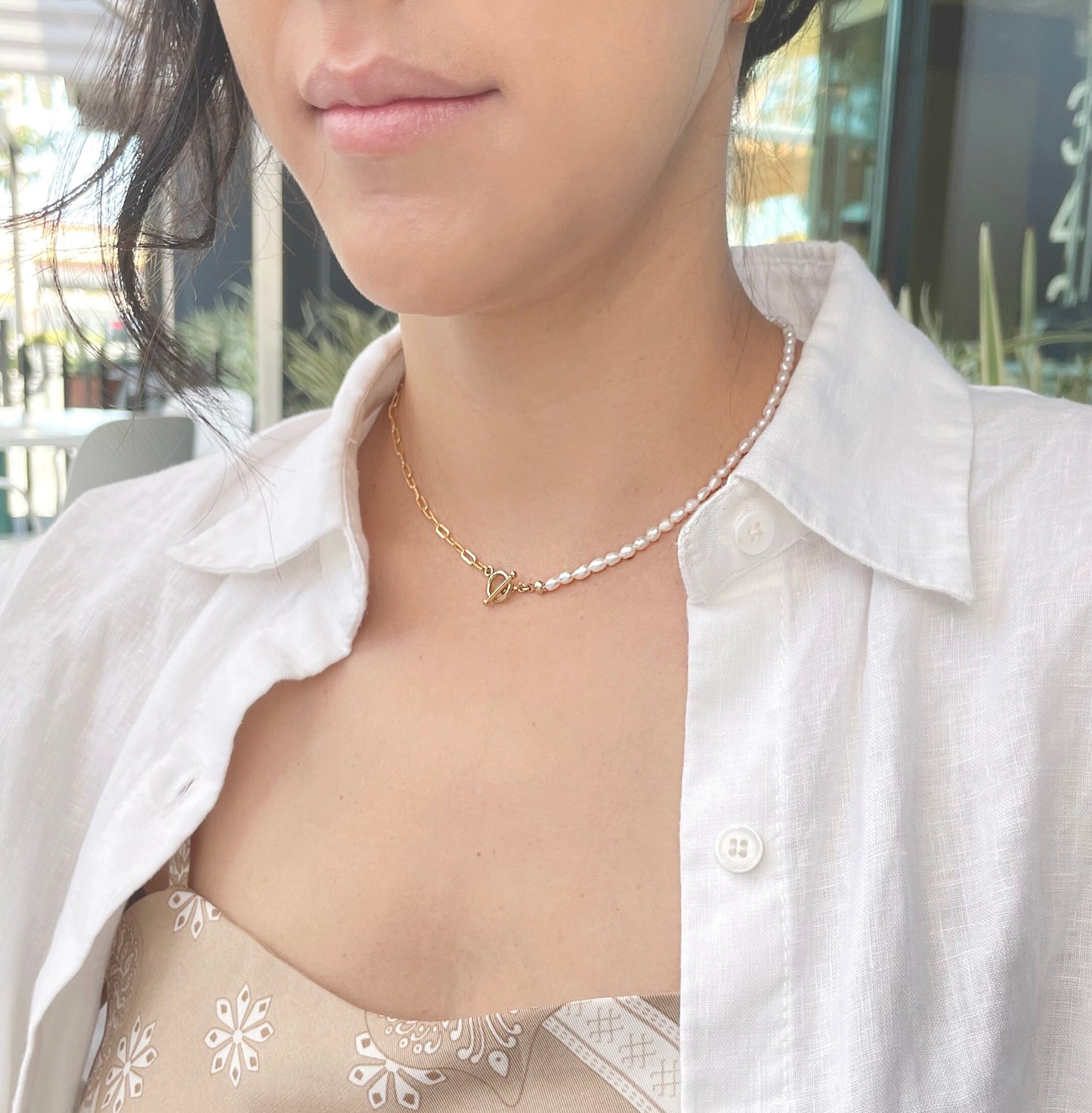 Half & Half Pearl Choker Necklace - 14k Gold Filled 3.1mm Rectangle Chain and Toggle, 3-4mm White Freshwater Pearl