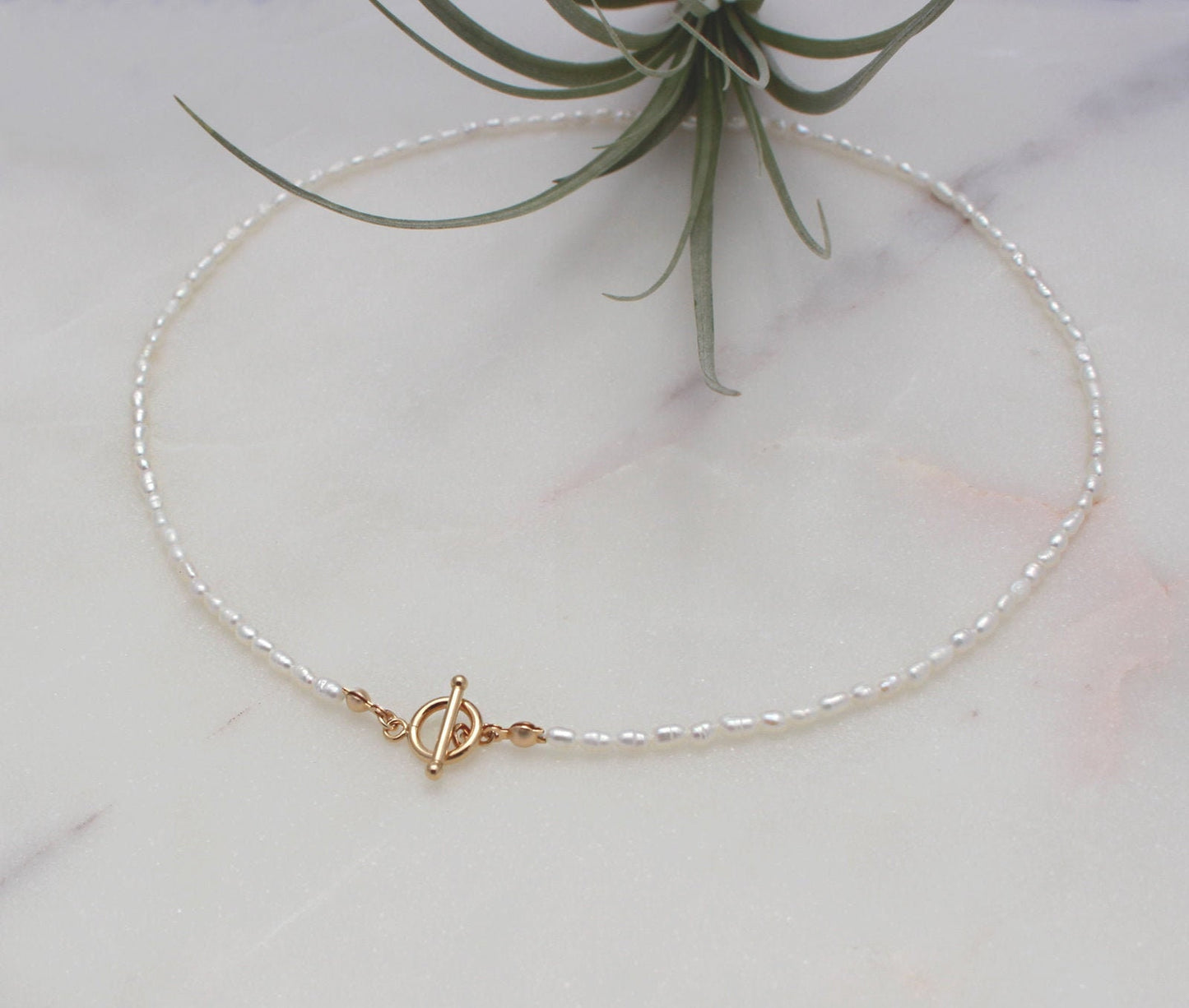 Tiny Pearl Toggle Choker Necklace - 14k Gold Filled Toggle & Bar, 2-3mm White Rice Pearl, Dainty, Freshwater, Seed Pearl, Reversable