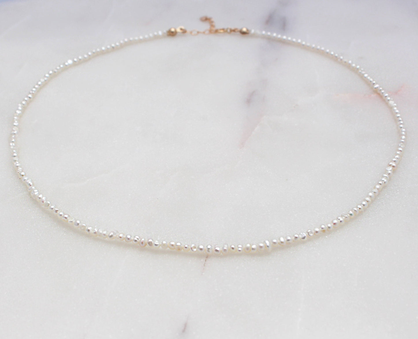 Tiny Potato Pearl Necklace - 14k Gold Filled Clasp & Extender, 2mm White Freshwater Potato Pearl, Seed Pearl