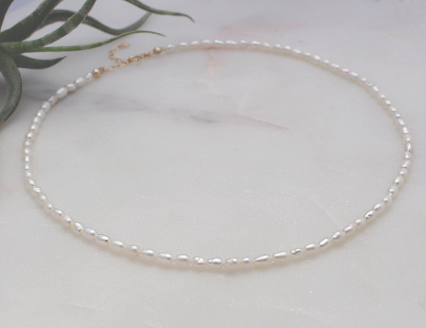 Rice Pearl Necklace - 14k Gold Filled Clasp & Extender, 3-4mm White Freshwater Natural Rice Pearl, Medium Seed Pearl