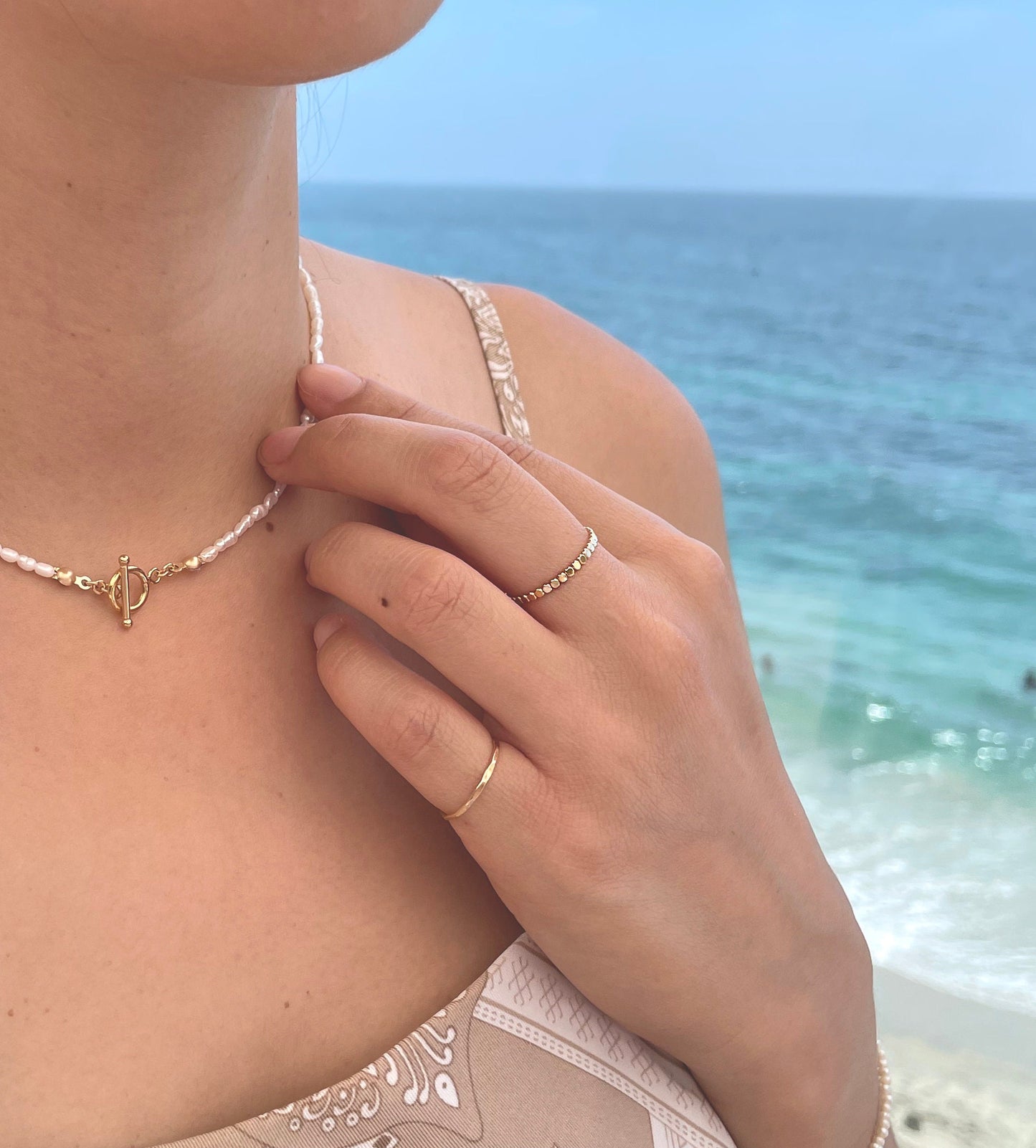Tiny Pearl Toggle Choker Necklace - 14k Gold Filled Toggle & Bar, 2-3mm White Rice Pearl, Dainty, Freshwater, Seed Pearl, Reversable
