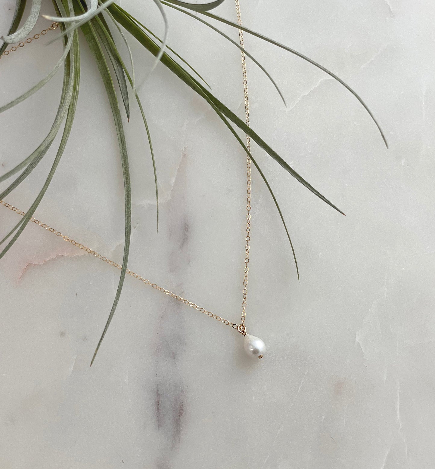 Mini Baroque Pearl Charm Necklace - White Freshwater Teardrop Pearl, 7-8mm Wide, 8-9mm long, 14k Gold Filled Chain