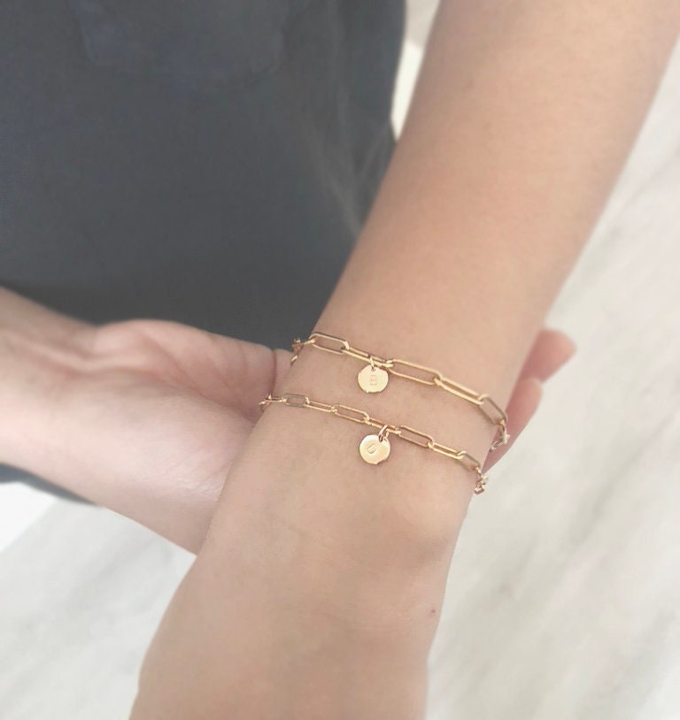 Initial Charm Bracelet - Paperclip Chain (Small) - 14k Gold filled 3.4mm Elongated Chain, 6.4mm Round Initial Charm