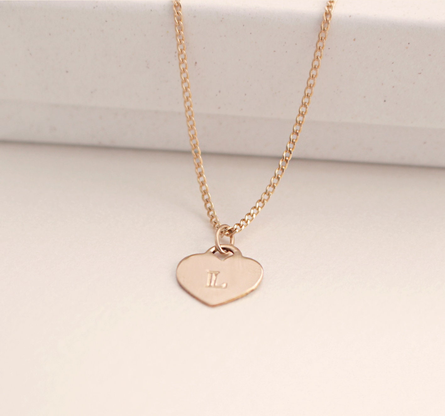 Heart Initial Charm Necklace - Gold Filled, Personalized, Select Length, 5 chain types, Extender included, 3mm Arcadia Font