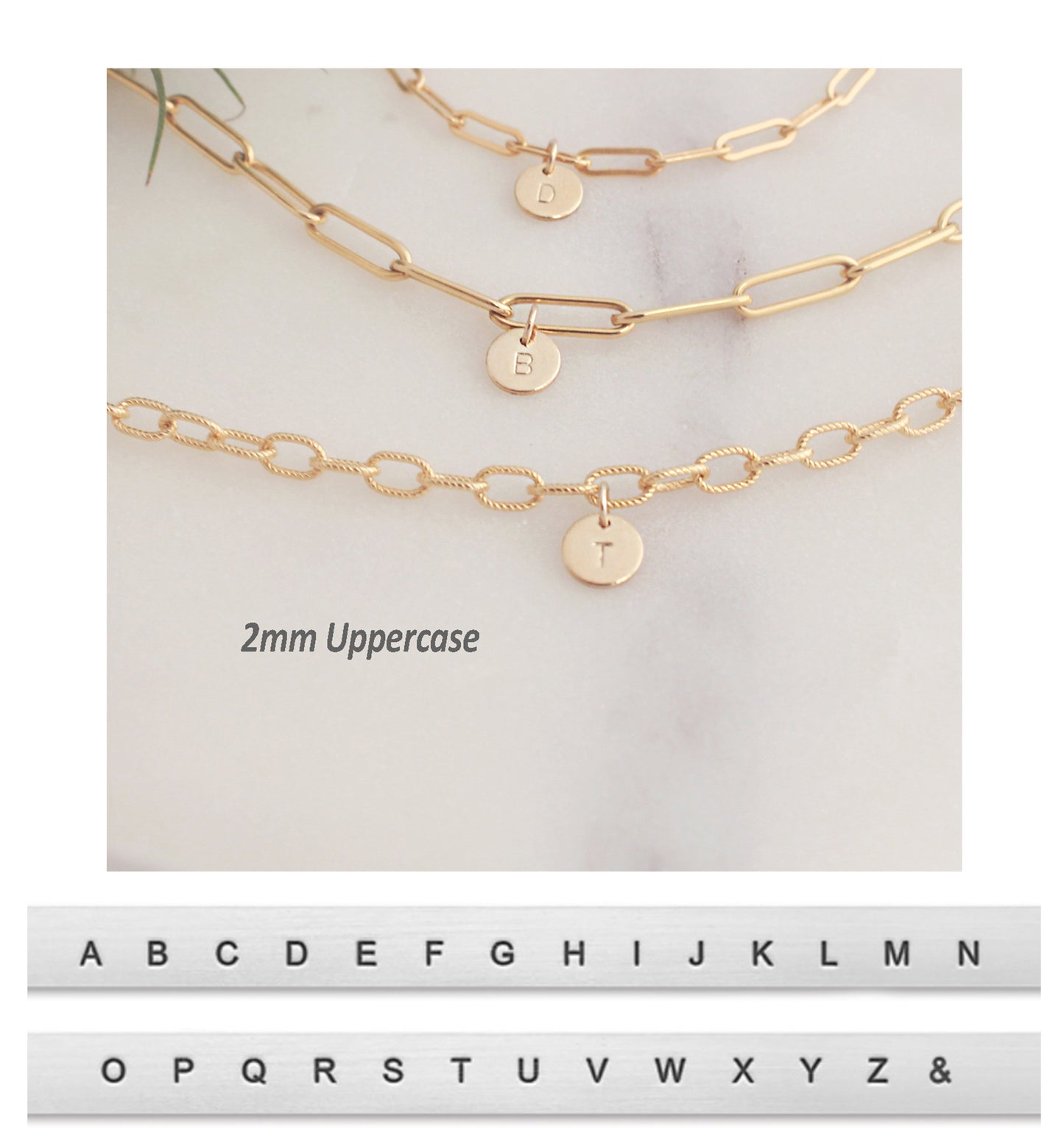 Initial Charm Bracelet -  Paperclip Chain (Small) - 14k Gold filled 3.4mm Elongated Chain, 6.4mm Round Initial Charm