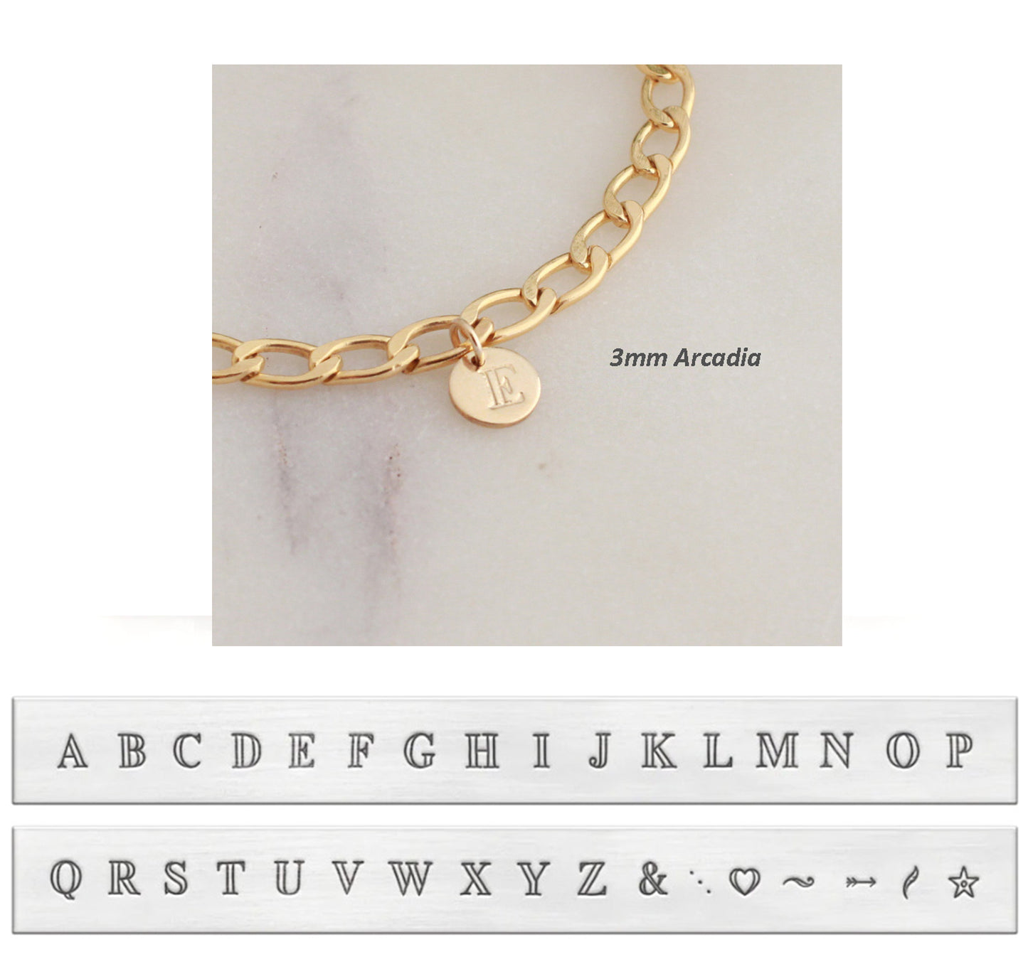 Initial Charm Bracelet -  Paperclip Chain (Small) - 14k Gold filled 3.4mm Elongated Chain, 6.4mm Round Initial Charm