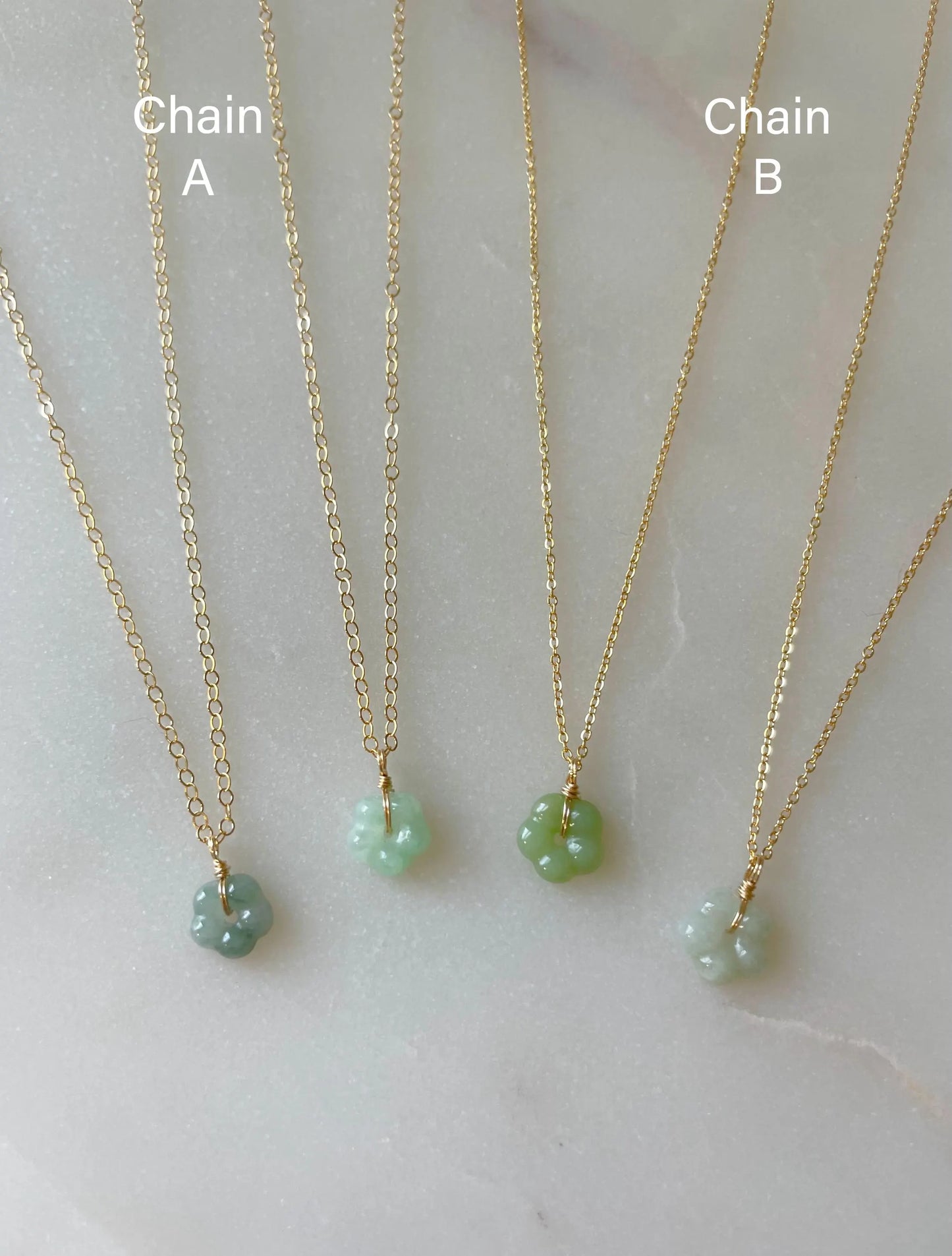 Tiny Jade Flower Charm Necklace - Icy Green Burma Jadeite Flower 6-9mm, 14k Gold Filled chain (Two chain styles: 1.2-1.3mm), Natural Jade
