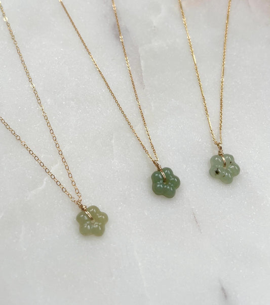 Jade Flower Charm Necklace(Small) - Icy Green Burma Jadeite Flower 10-11mm, 14k Gold Filled chain (Two chain styles: 1.2-1.3mm)
