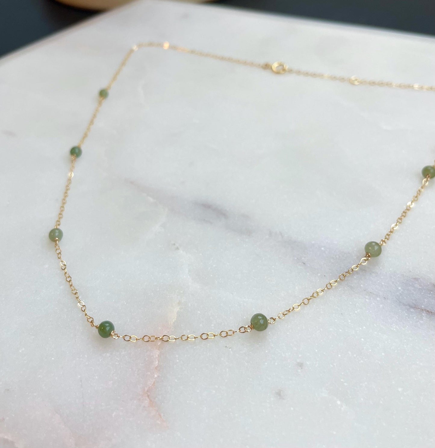 Jade Satellite Necklace - Small Green Jadeite Ball Bead 3-4mm, 14k Gold Filled flat cable chain 1.4mm, Natural Jade