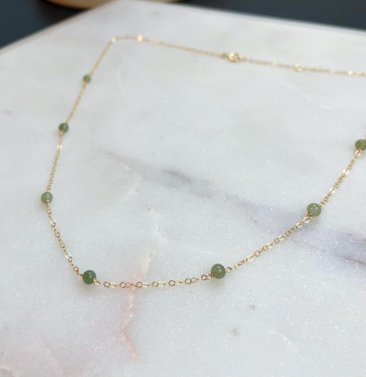 Jade Satellite Necklace - Small Green Jadeite Ball Bead 3-4mm, 14k Gold Filled flat cable chain 1.4mm, Natural Jade