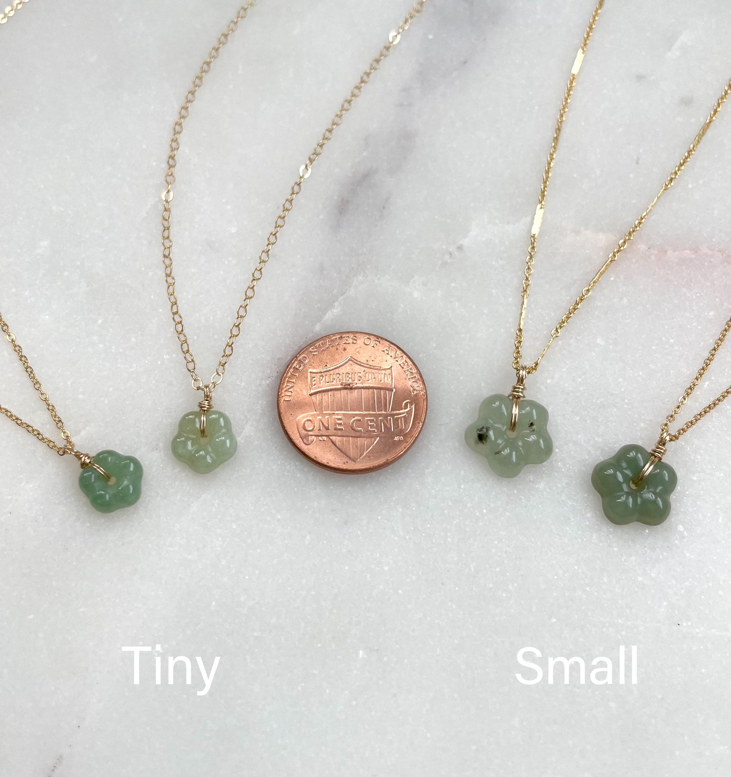 Jade Flower Charm Necklace(Small) - Icy Green Burma Jadeite Flower 10-11mm, 14k Gold Filled chain (Two chain styles: 1.2-1.3mm)