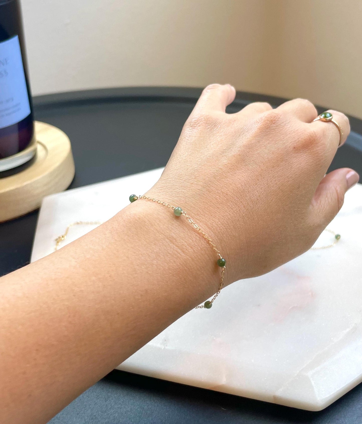 Jade Satellite Bracelet - 3-4mm Green Jadeite Ball Bead, 14k Gold Filled Chain