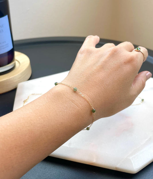 Jade Satellite Bracelet - 3-4mm Green Jadeite Ball Bead, 14k Gold Filled Chain