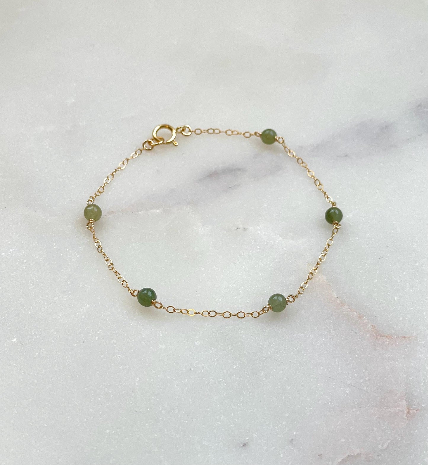 Jade Satellite Bracelet - 3-4mm Green Jadeite Ball Bead, 14k Gold Filled Chain
