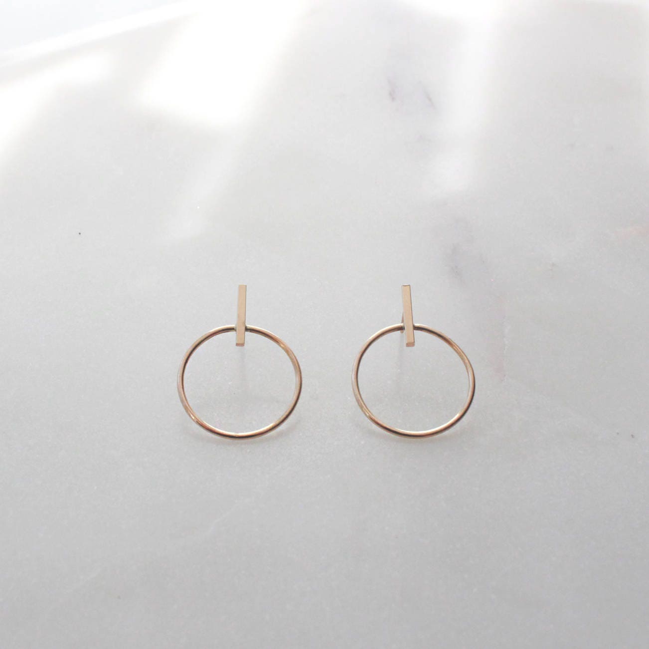 Gold Bar Circle Earrings - 14K Gold Filled, 10mm Bar, 18mm Circle