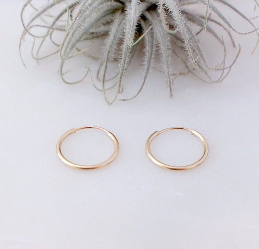 Gold Hoop Earrings - 14K Gold Filled, 14mm Diameter, 1.3mm Thick, Endless Hoop Earrings
