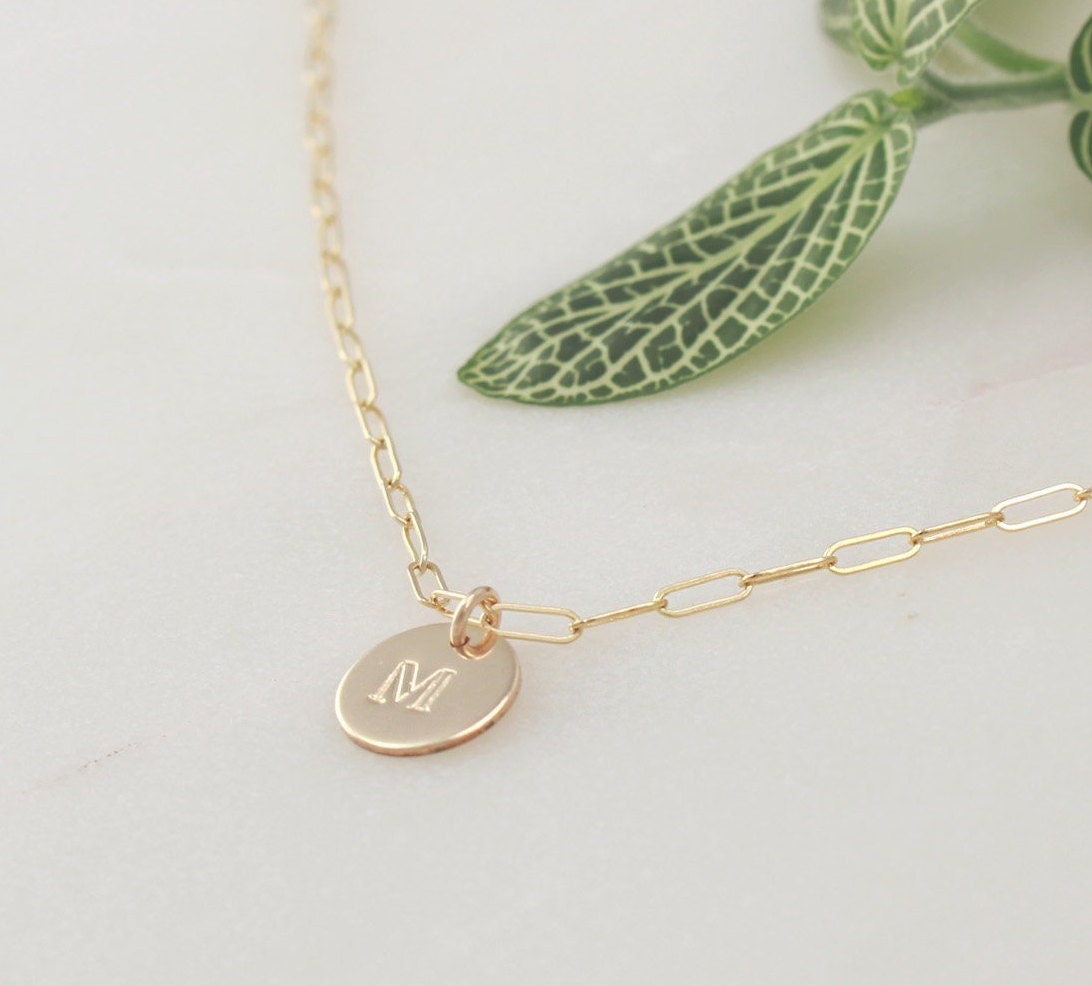 Initial Disc Rectangle Chain Necklace - 14k Gold Filled, 9.5mm Disc