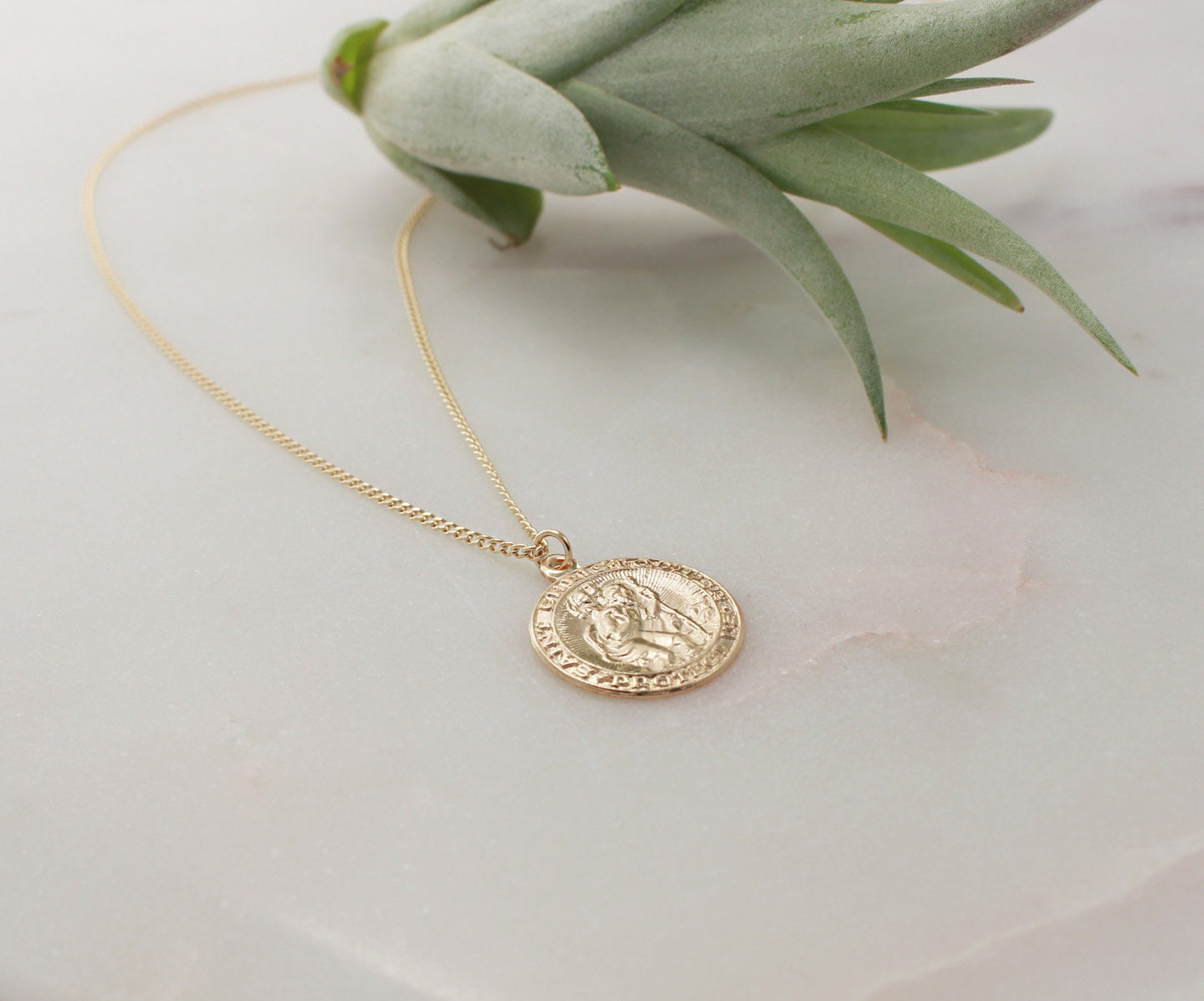 Gold Filled Medallion Necklace(heavy chain), St Christopher Charm, Round - 14k Gold Filled Charm and Chain, Coin Size 17.5mm