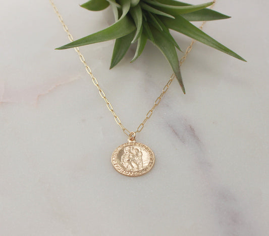 Gold Filled Medallion Necklace with Rectangle Chain, St Christopher Charm, Round - 14k Gold Filled Charm and Chain, Coin Size 17.5mm