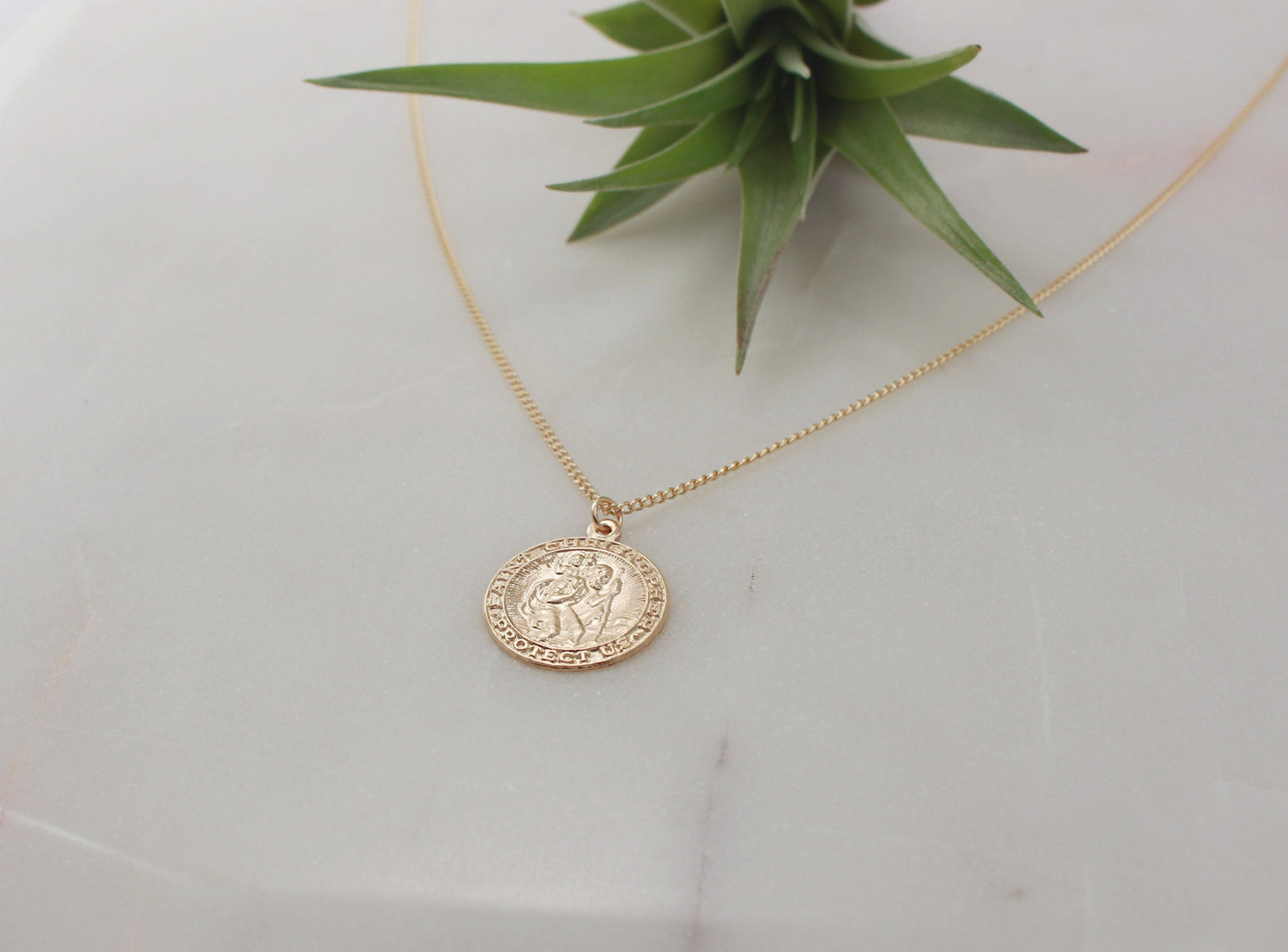 Gold Filled Medallion Necklace(heavy chain), St Christopher Charm, Round - 14k Gold Filled Charm and Chain, Coin Size 17.5mm