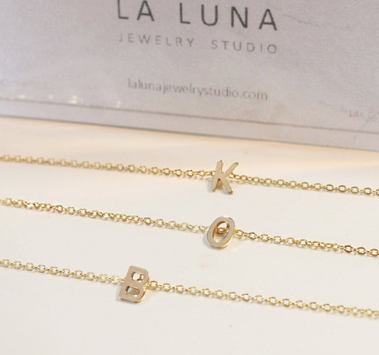 Gold Initial Block Necklace(Small) - 14k Solid Gold 4.8mm Alphabet Block, 14k Gold Filled Chain