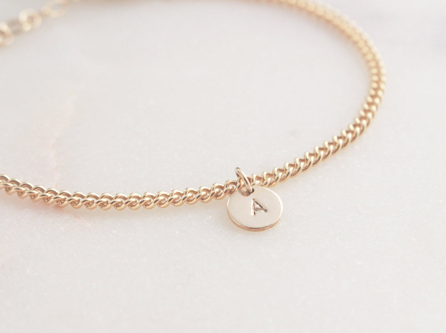 Initial Charm Bracelet - Gold Curb Chain (Normal) - 14k Gold Filled 2.5mm Curb Chain, 6.4mm Round Initial Charm