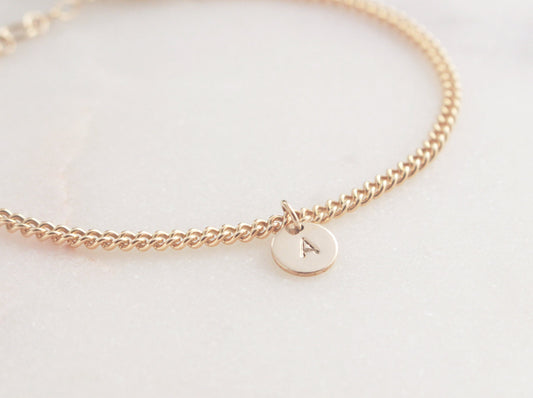 Initial Charm Bracelet - Gold Curb Chain (Normal) - 14k Gold Filled 2.5mm Curb Chain, 6.4mm Round Initial Charm