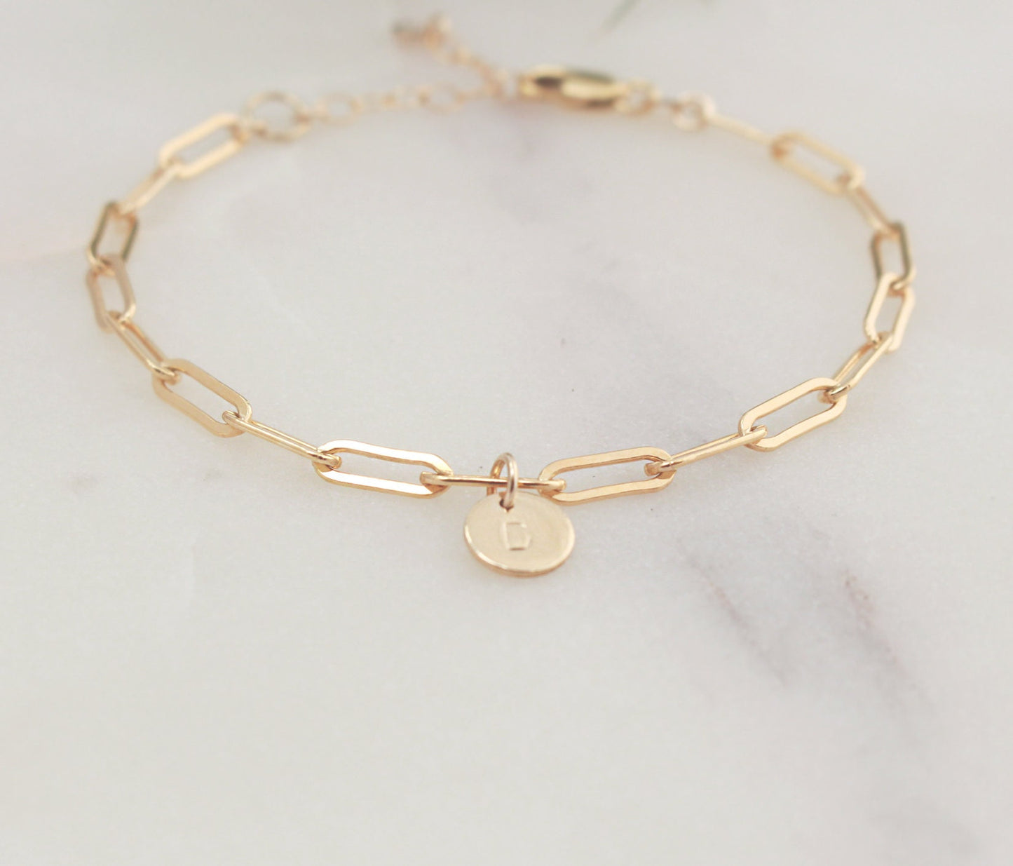 Initial Charm Bracelet -  Paperclip Chain (Small) - 14k Gold filled 3.4mm Elongated Chain, 6.4mm Round Initial Charm