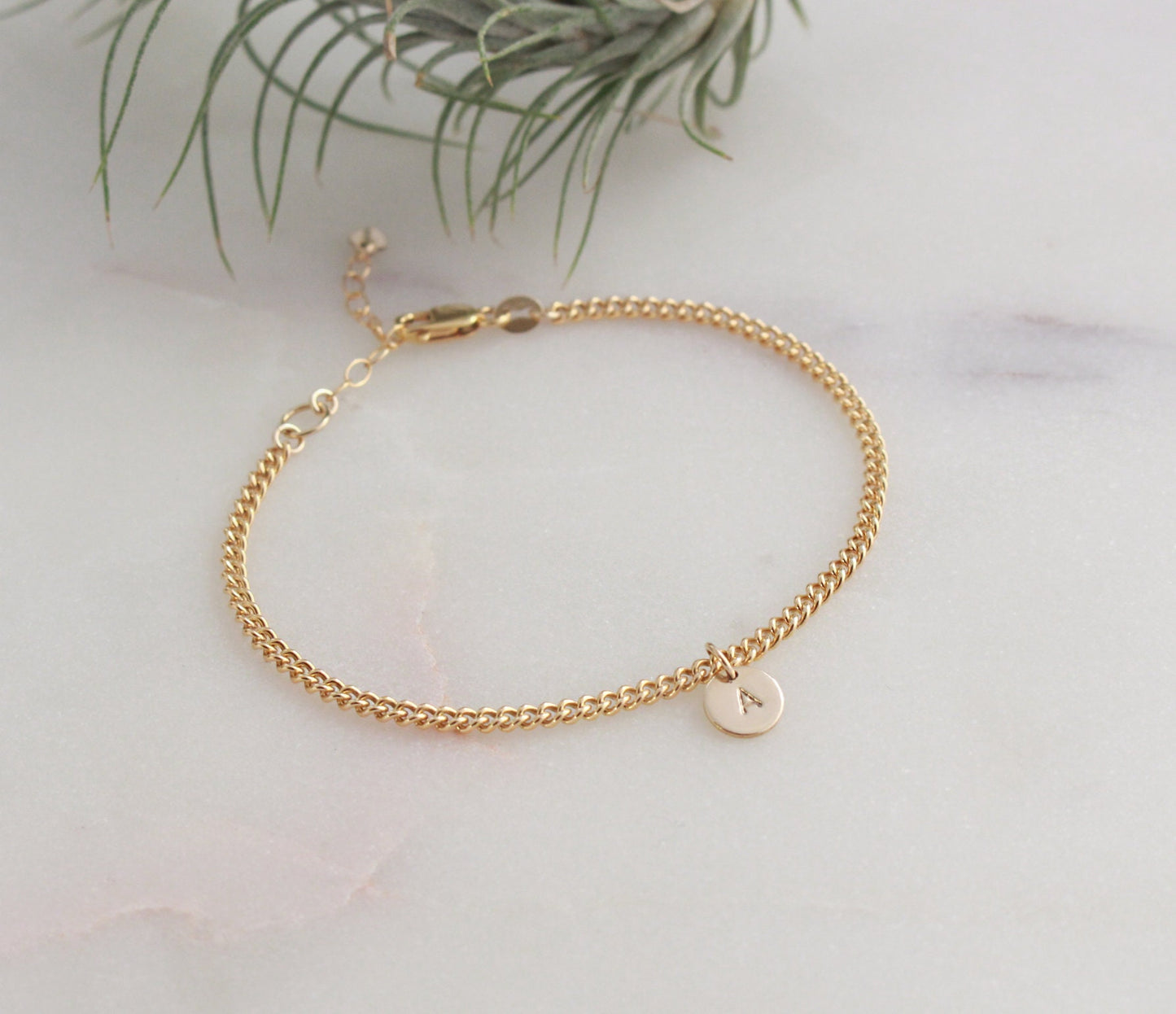 Initial Charm Bracelet - Gold Curb Chain (Normal) - 14k Gold Filled 2.5mm Curb Chain, 6.4mm Round Initial Charm